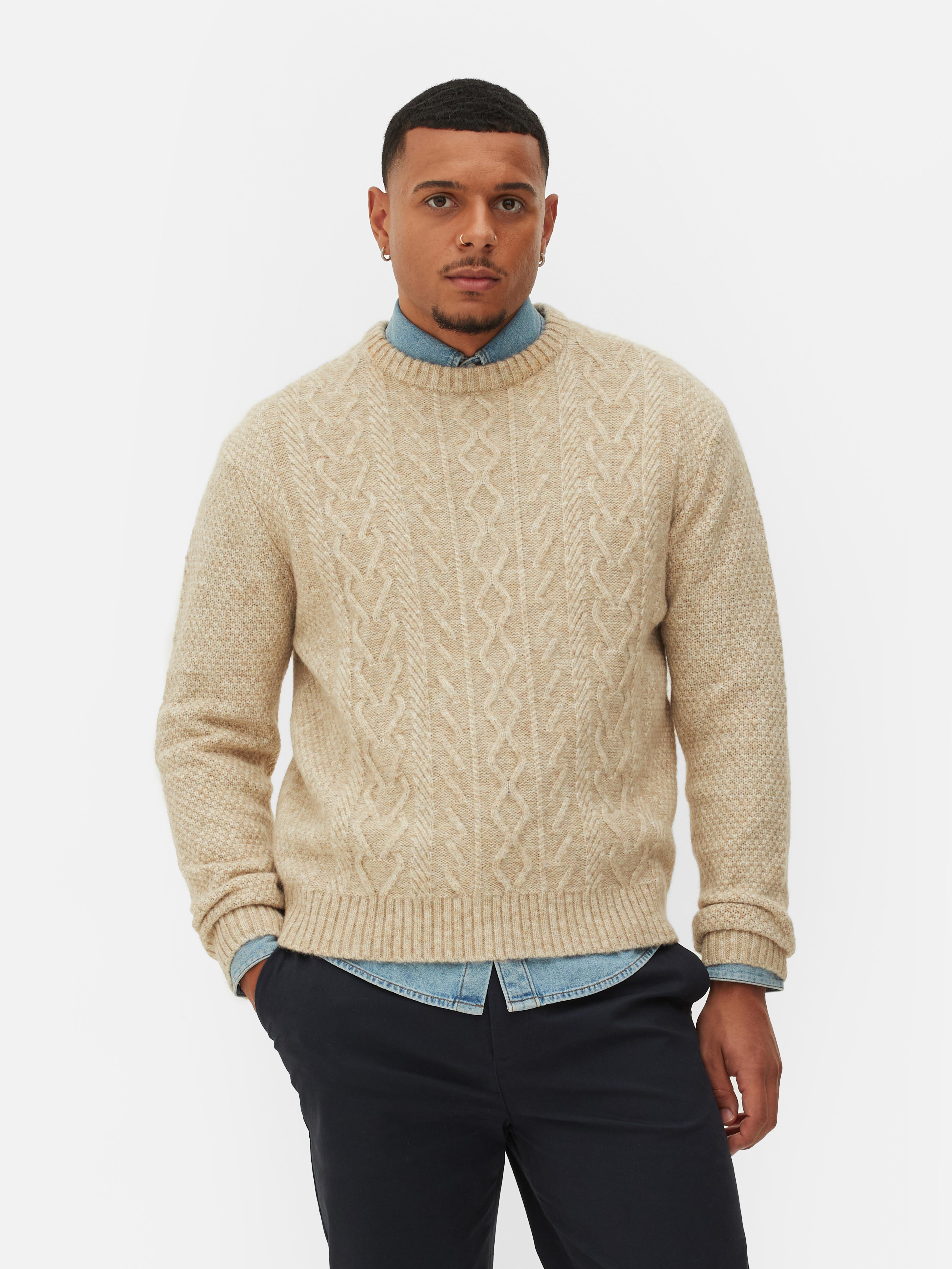 Mens Oatmeal Classic Cable Knit Jumper Primark