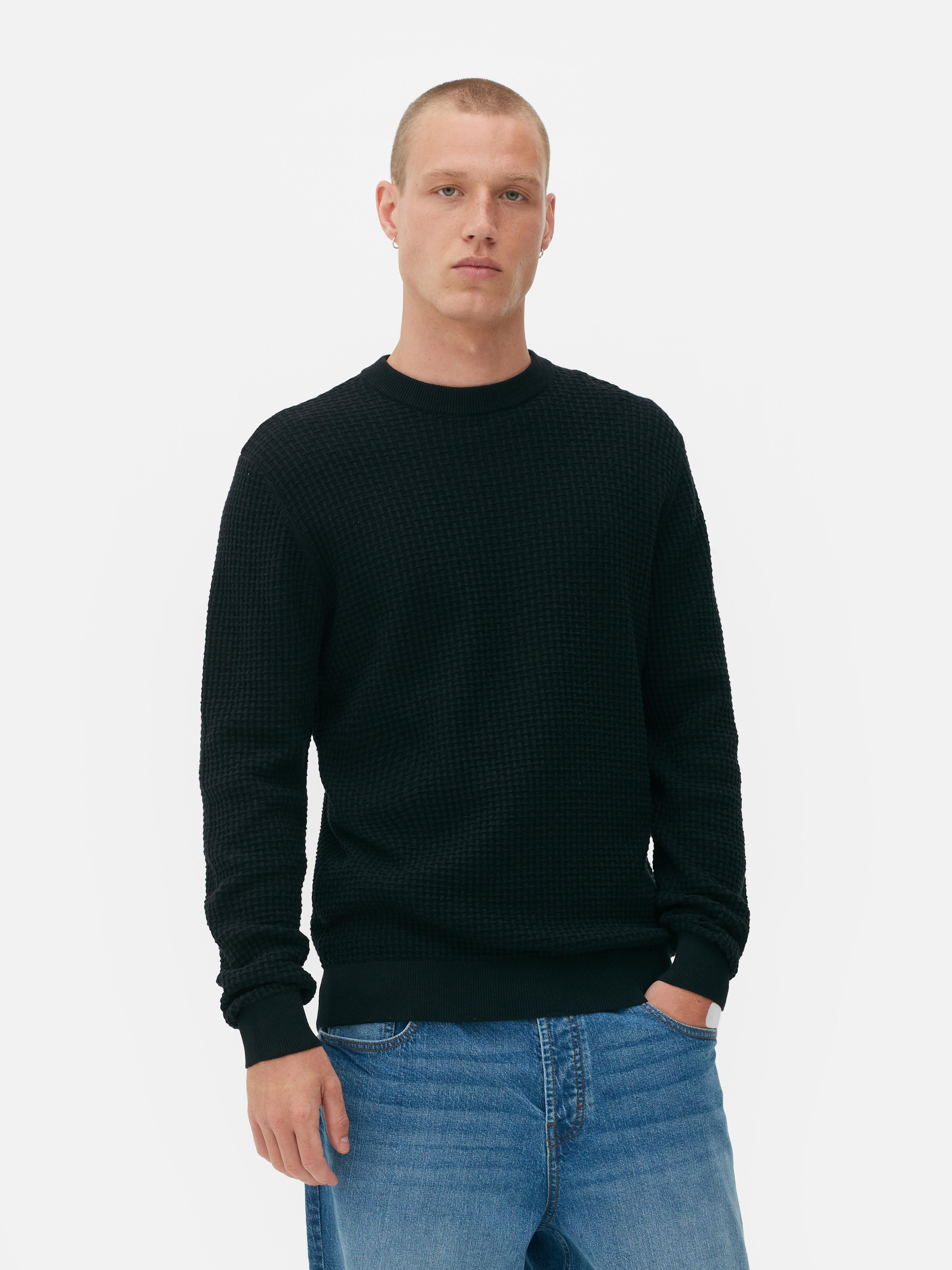 Mens Black Basket Weave Crew Neck Jumper Primark