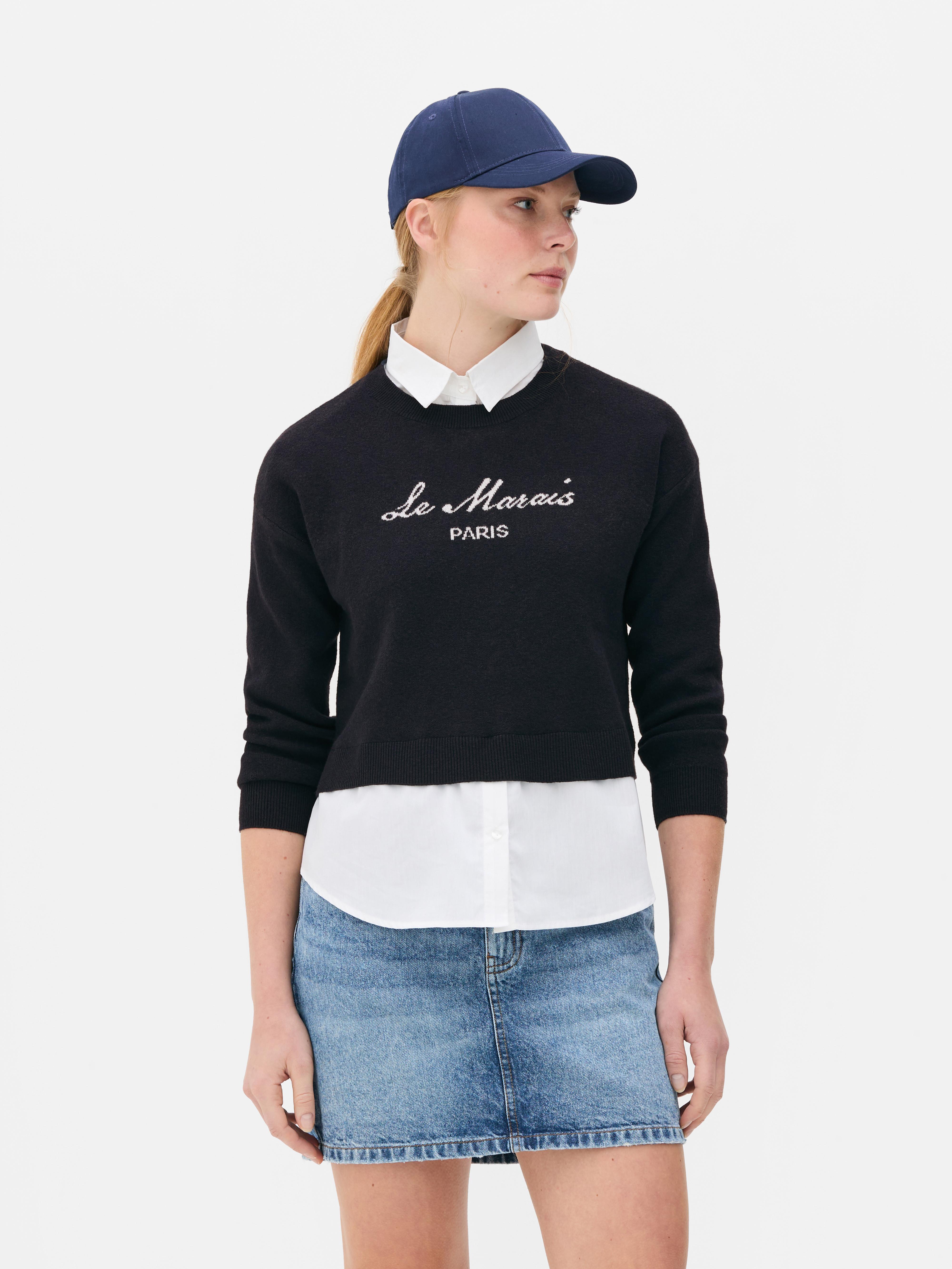 Womens Navy Two in One Knitted Slogan Jumper and Shirt Primark