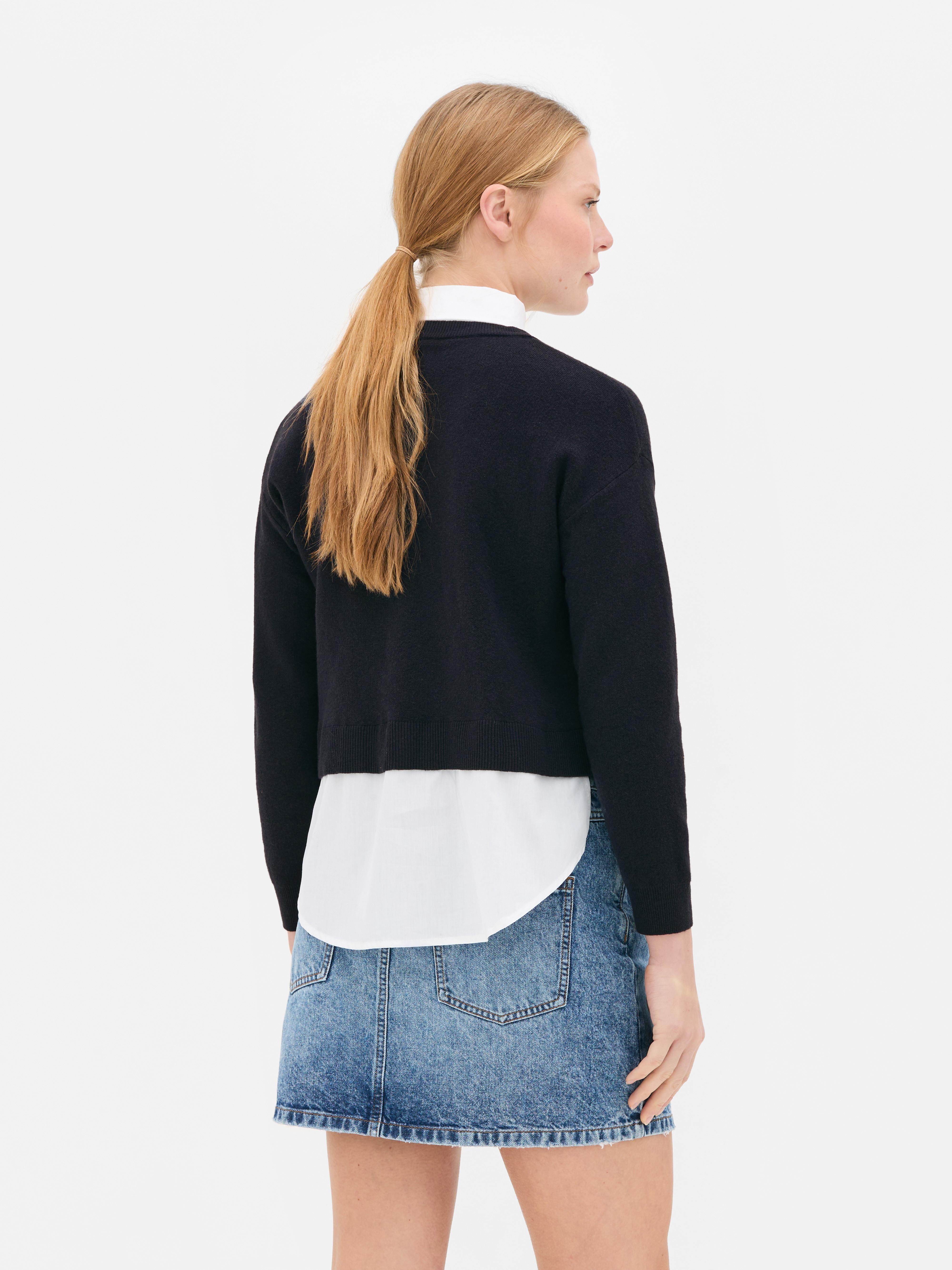 Womens Navy Two-in-One Knitted Slogan Jumper and Shirt | Primark