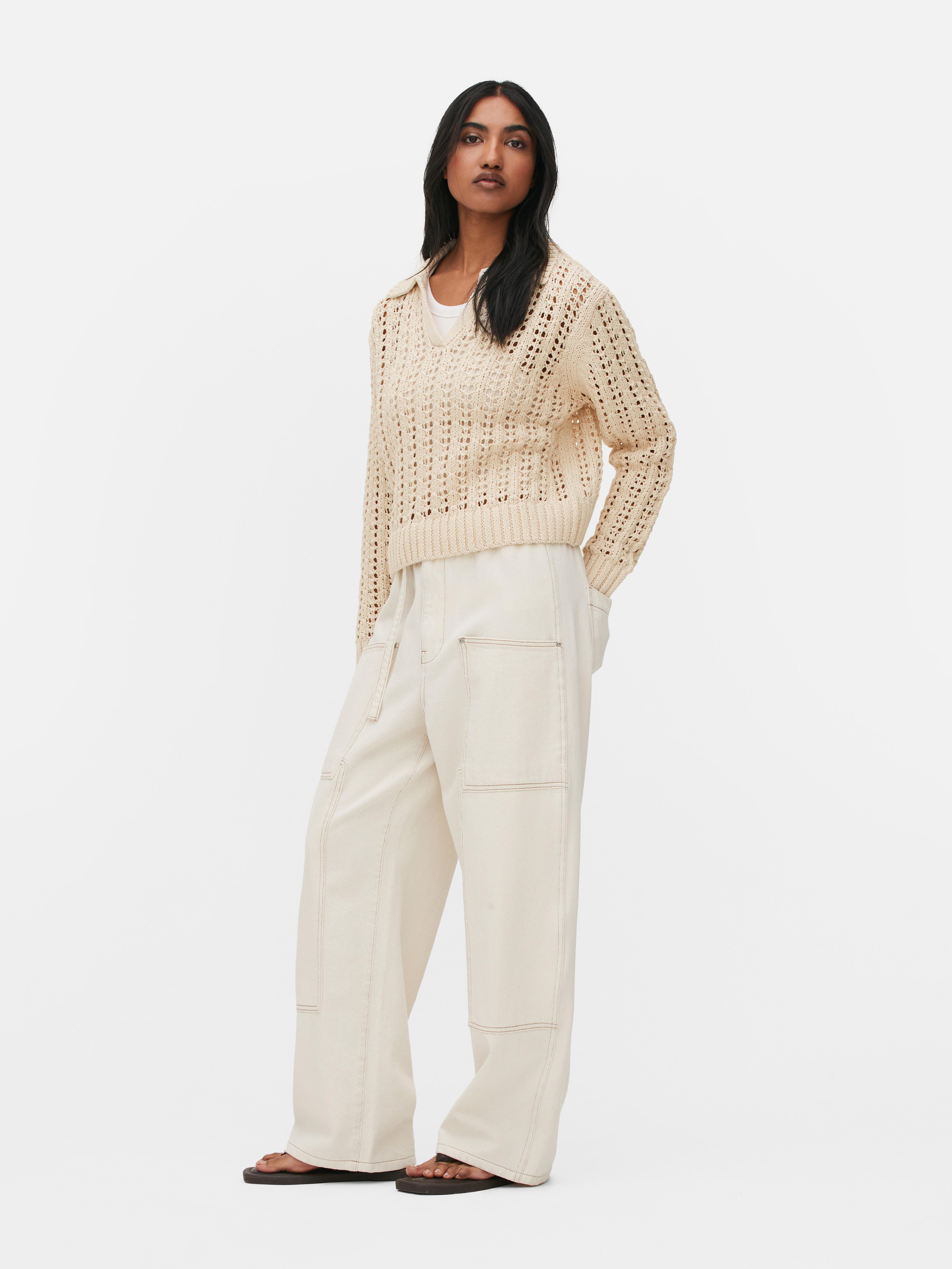 Women's Beige Pointelle Collared Sweater | Primark