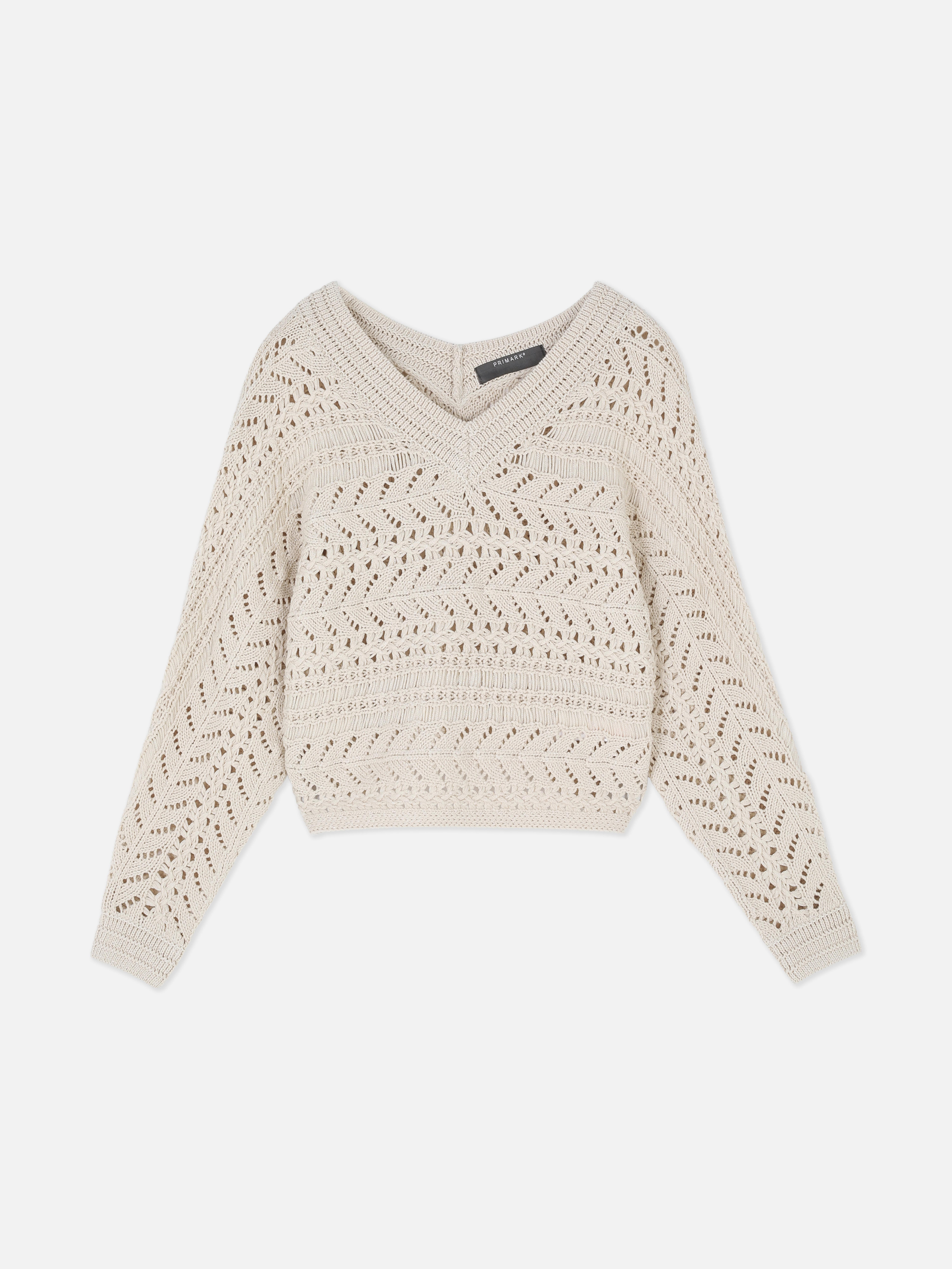 Women s Beige V Neck Pointelle Knit Sweater Primark