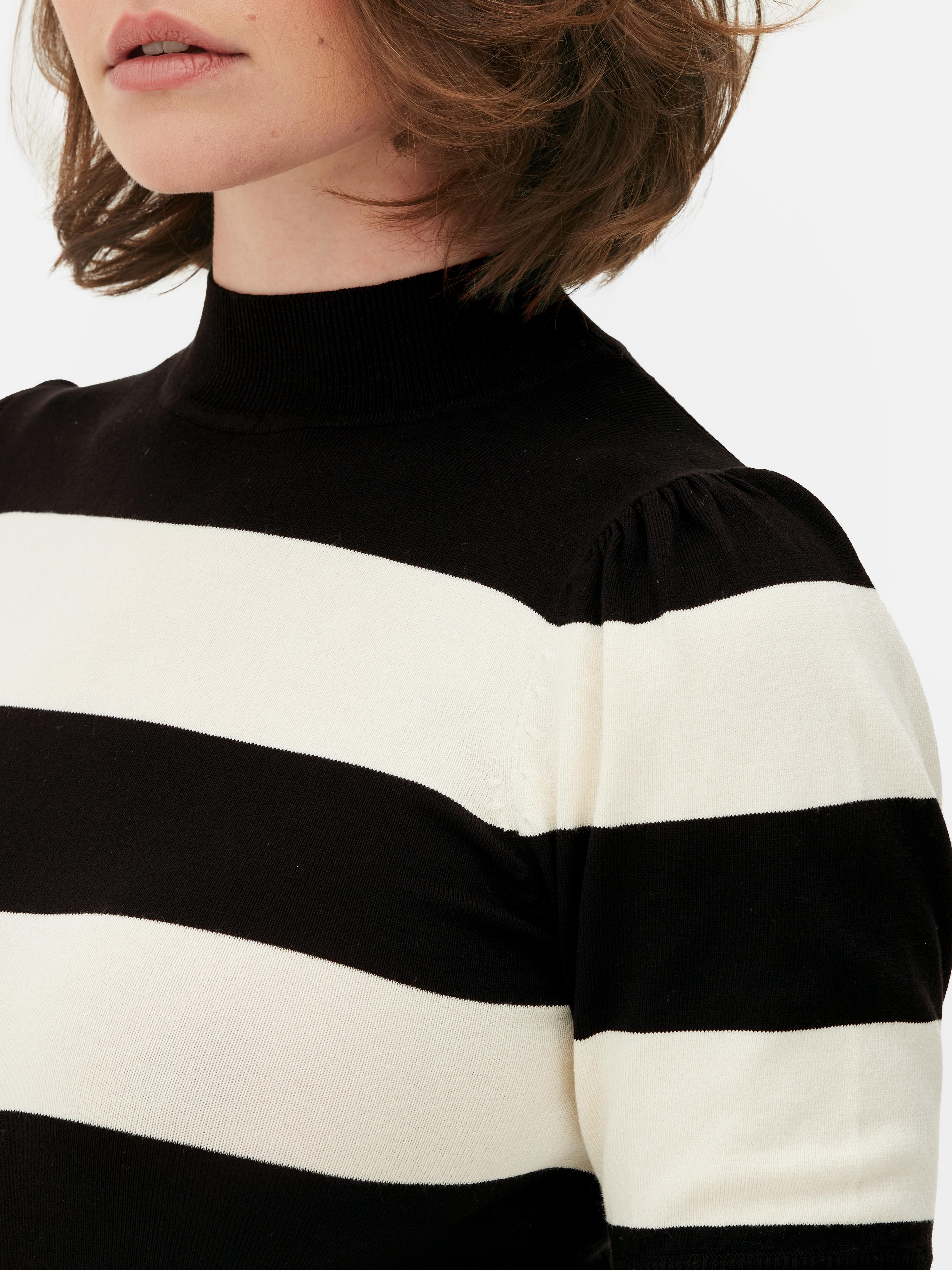 Women's Black/White High Neck Puff Sleeve Knitted Top Penneys