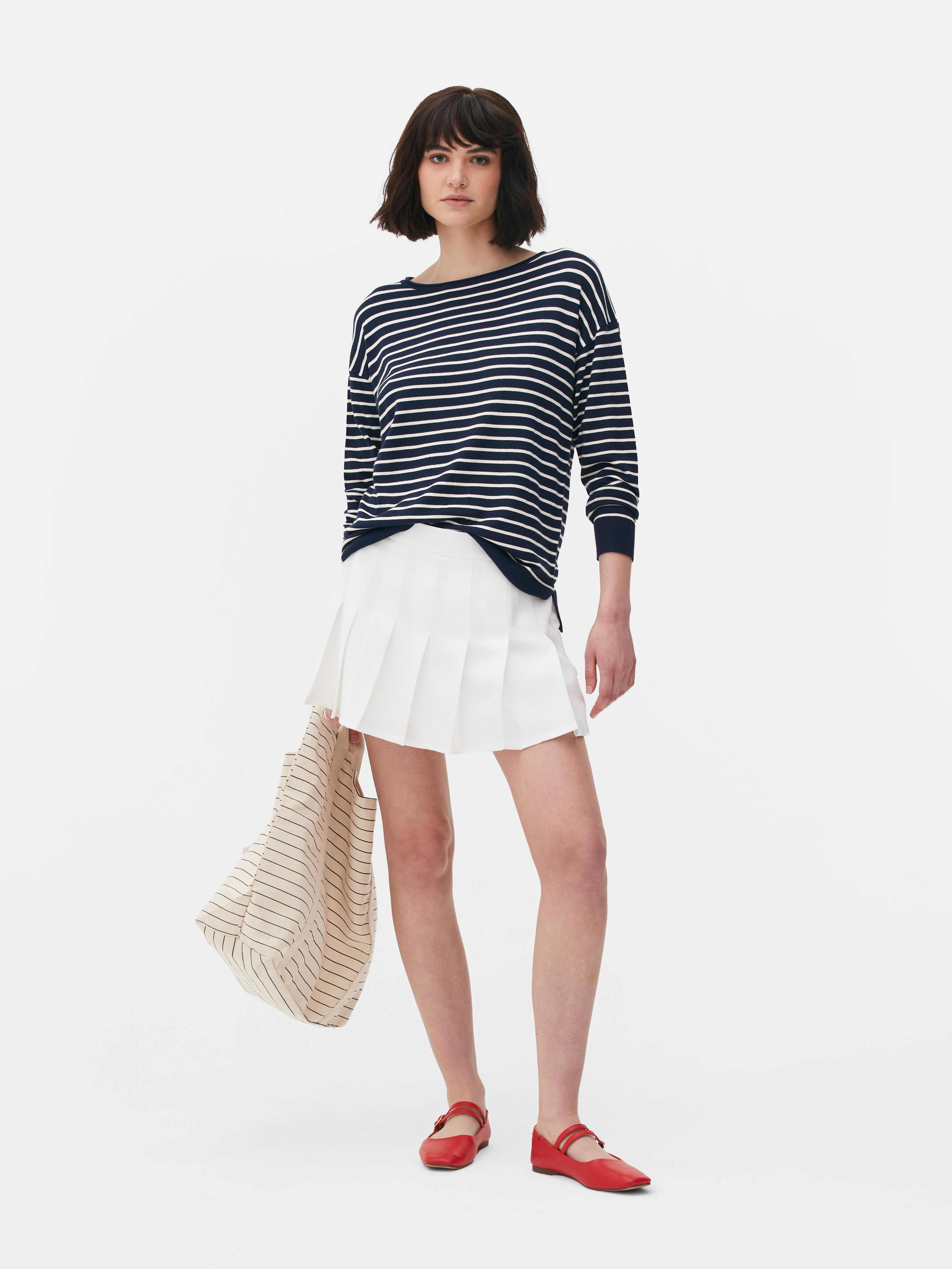 Gestreifter Feinstrickpullover mit U-Boot-Ausschnitt - Marineblau 