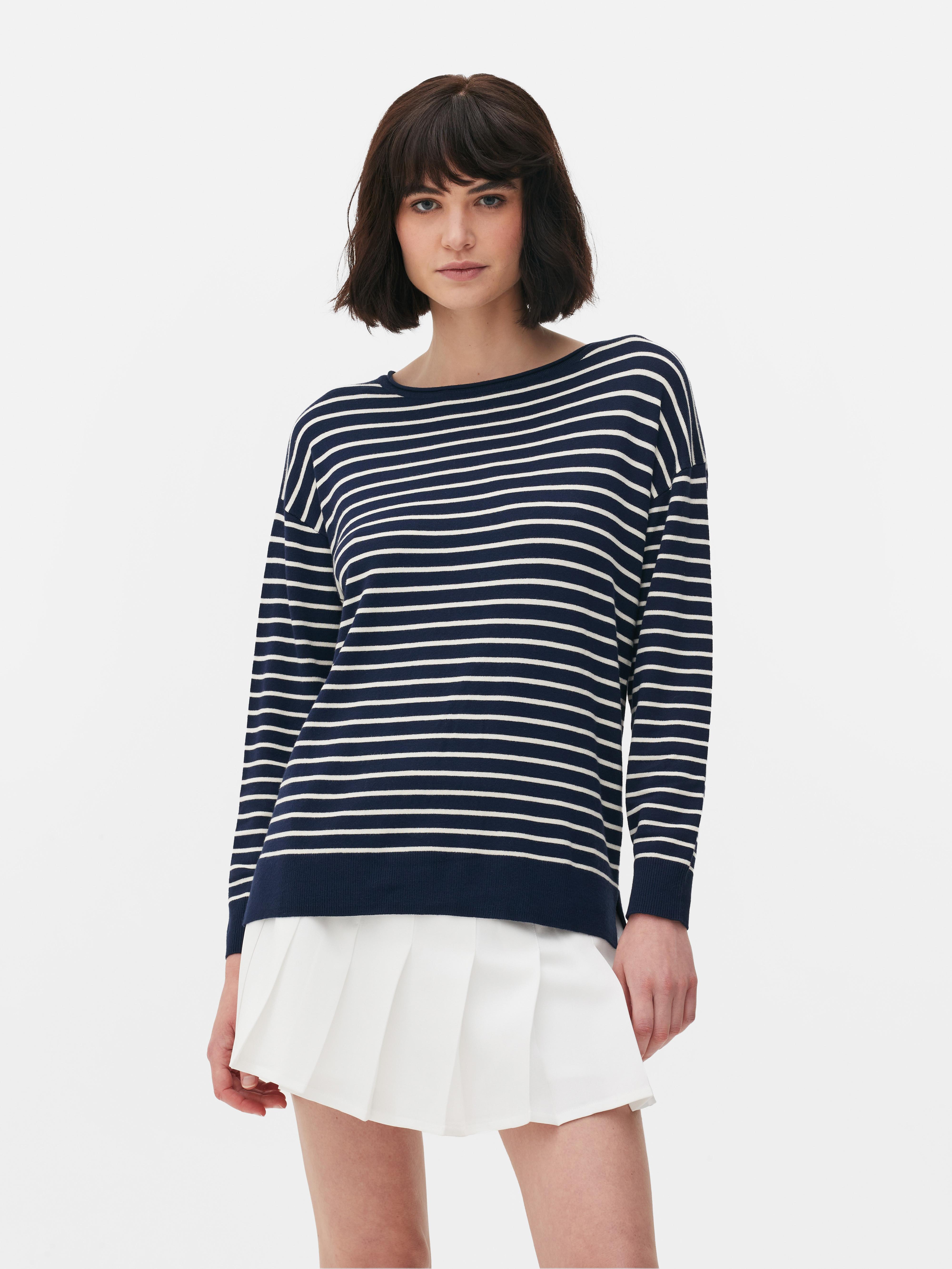 Gestreifter Feinstrickpullover mit U-Boot-Ausschnitt - Marineblau 