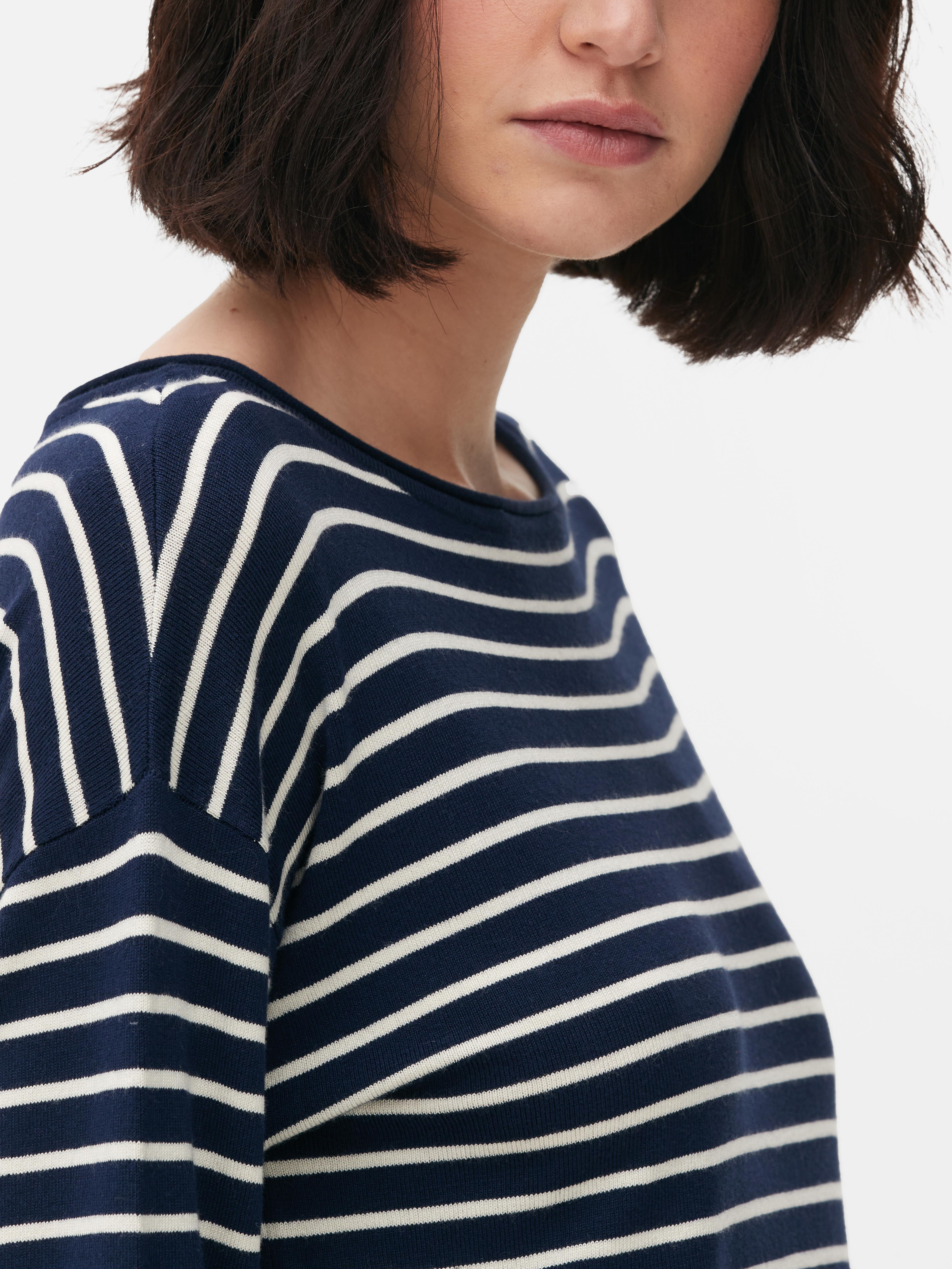 Gestreifter Feinstrickpullover mit U-Boot-Ausschnitt - Marineblau 