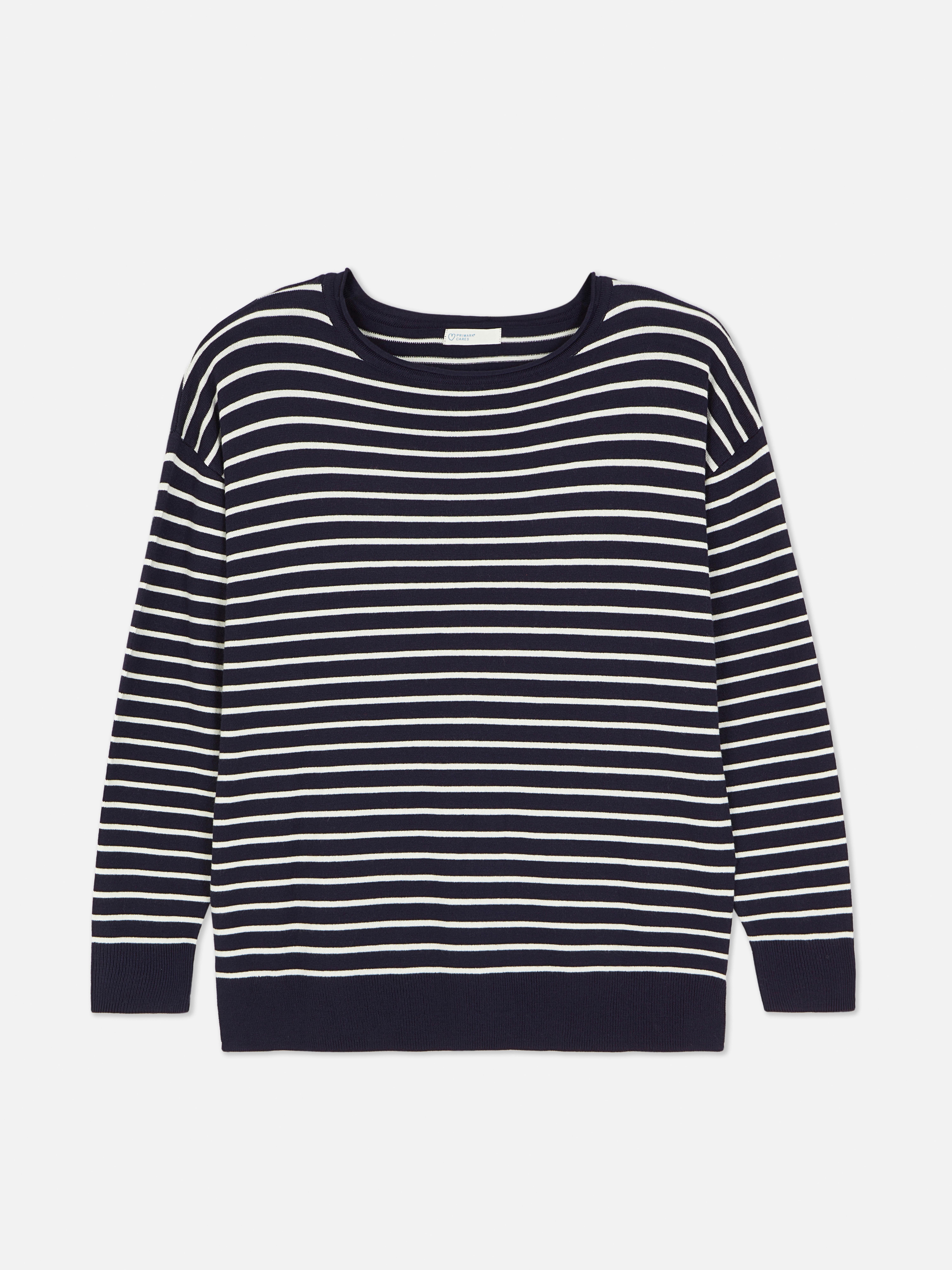 Gestreifter Feinstrickpullover mit U-Boot-Ausschnitt - Marineblau 