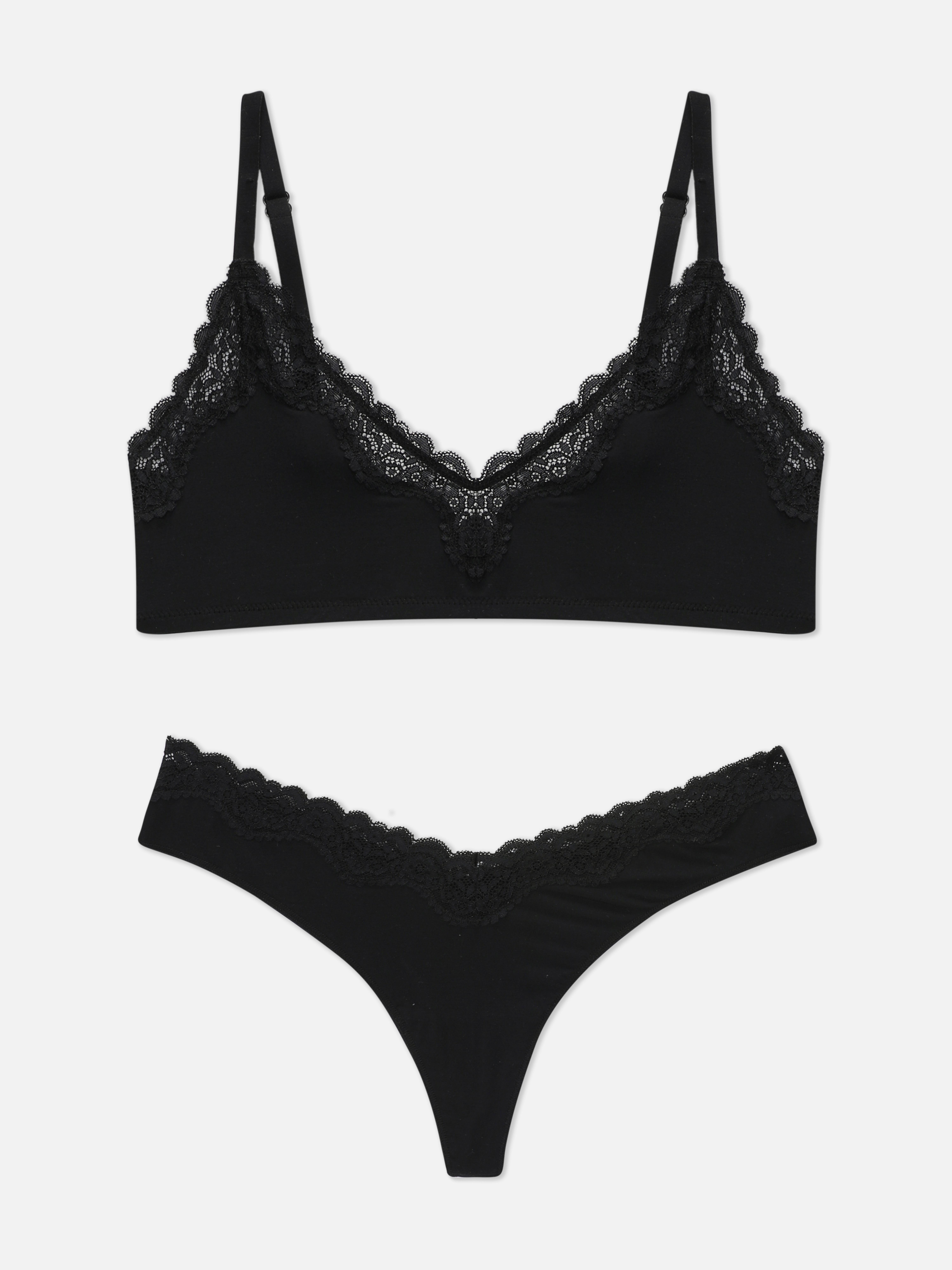 Women's Black Lace Trim Slip and Thong Set Penneys