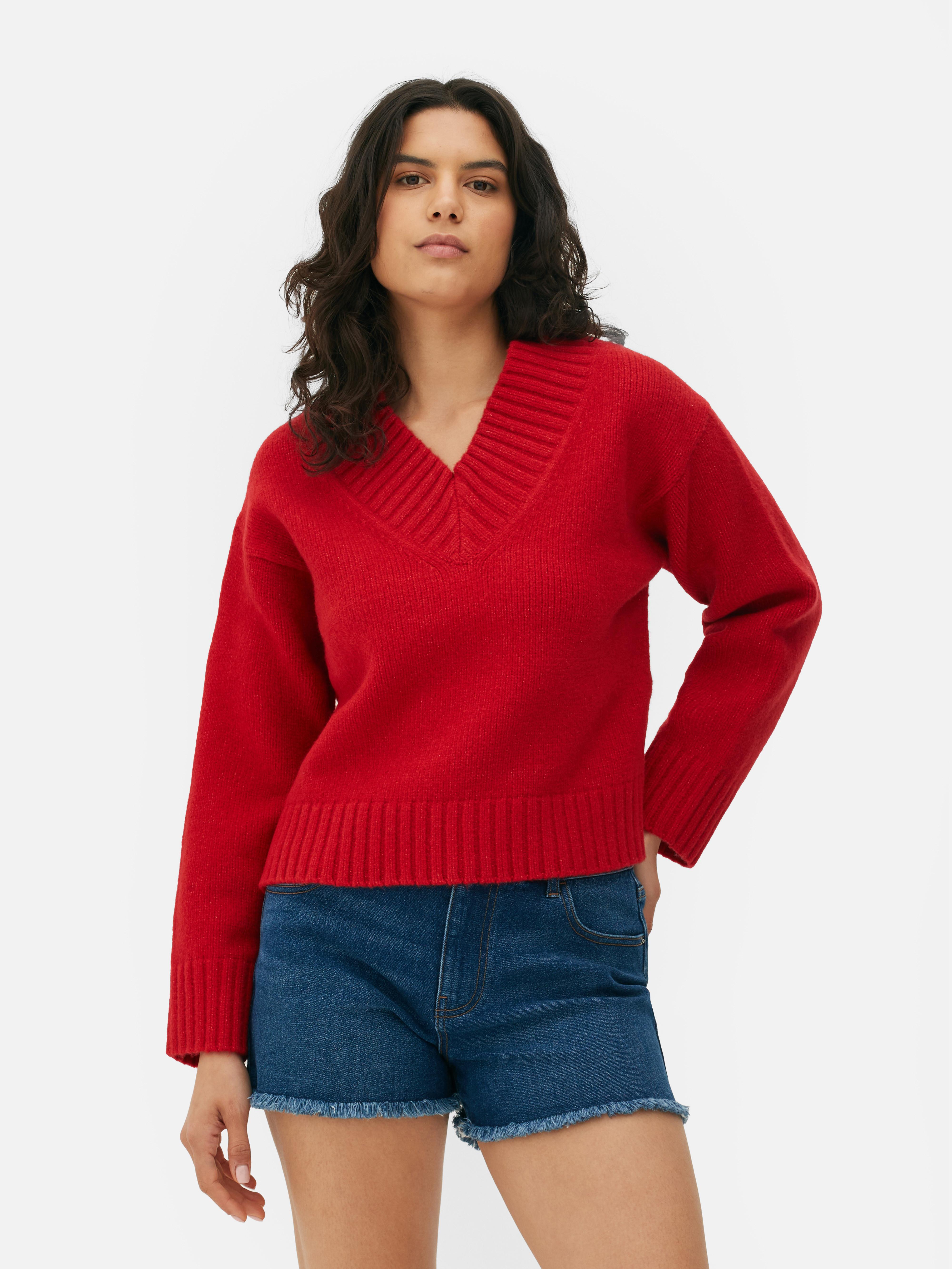 Women s Red Chunky V Neck Knitted Jumper Penneys