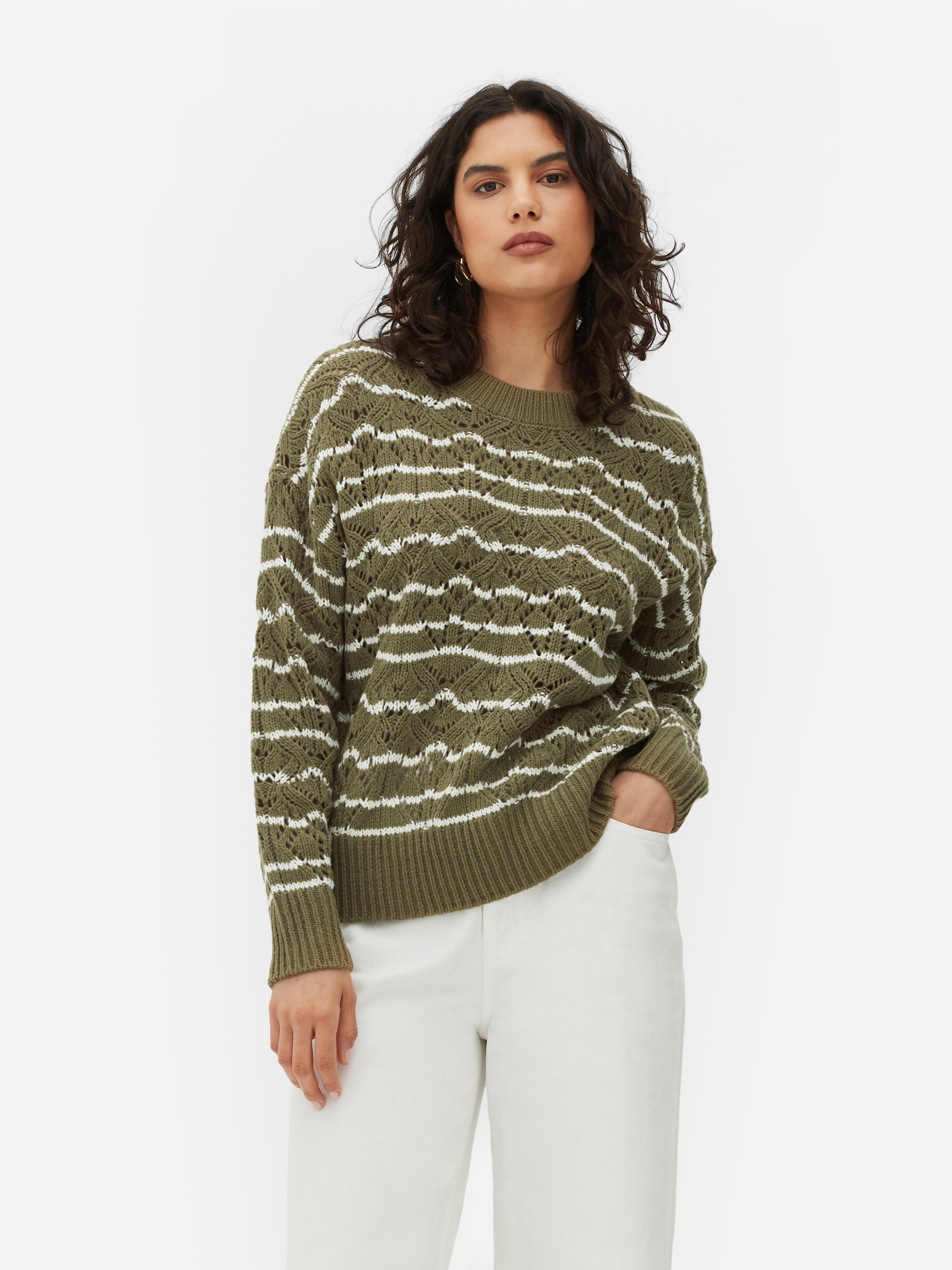 Lochstrickpullover mit Rundhalsausschnitt - Khakifarben - Damen 