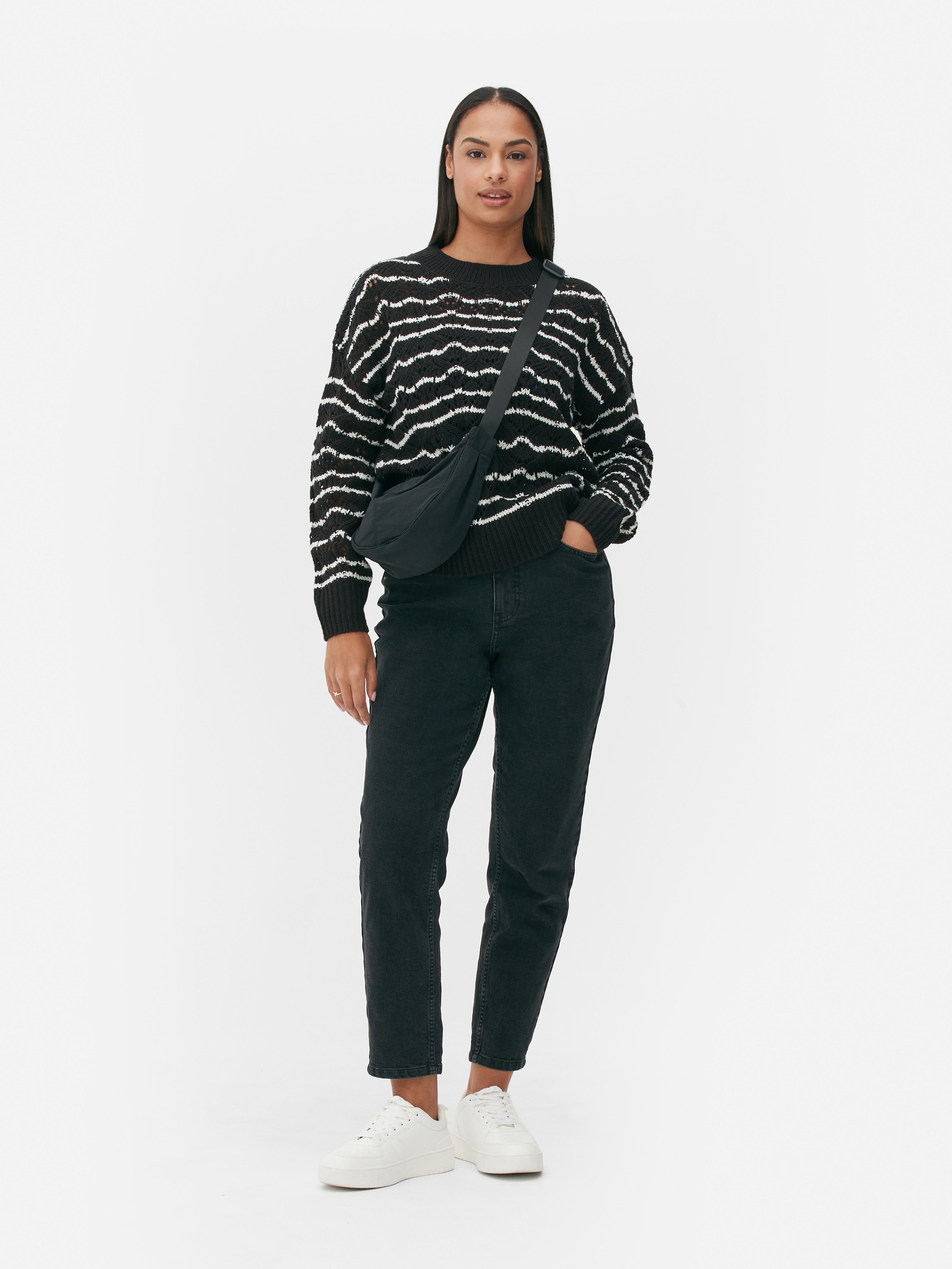 Womens Black/White Open Stitch Crew Neck Jumper | Primark