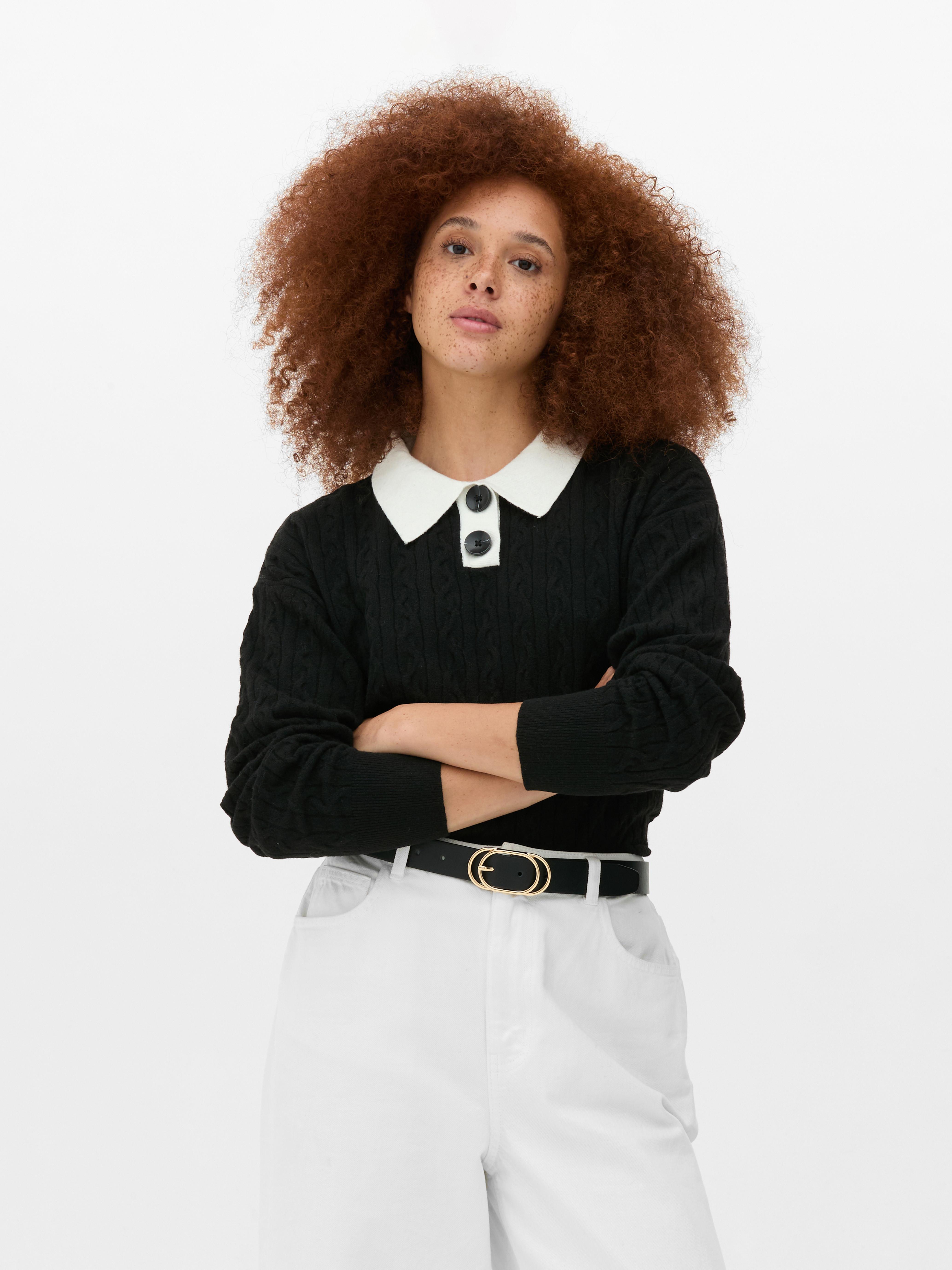 Womens Black/White Collared Cable Knit Jumper | Primark