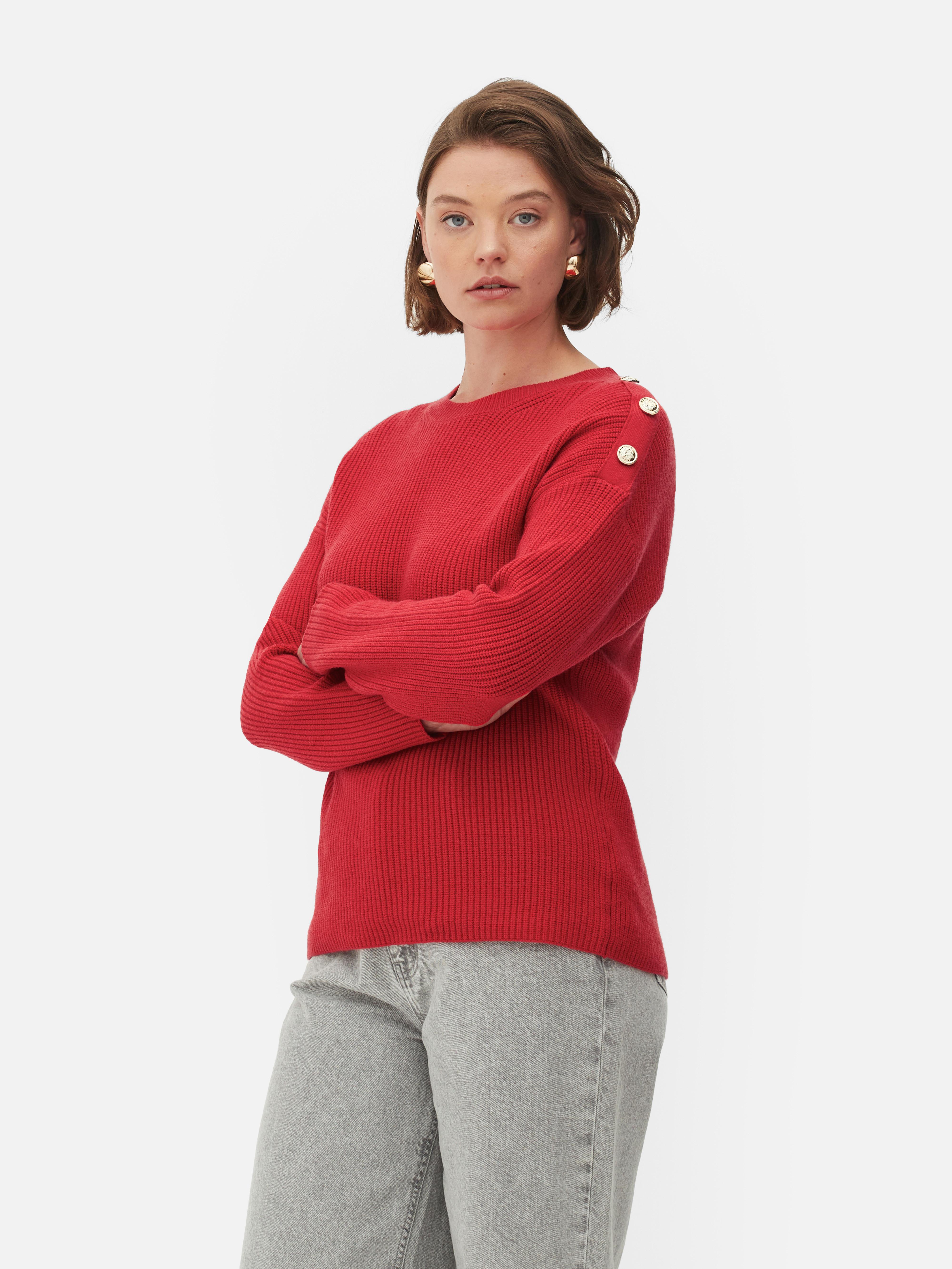 Women s Red Button Detail Crew Neck Jumper Penneys