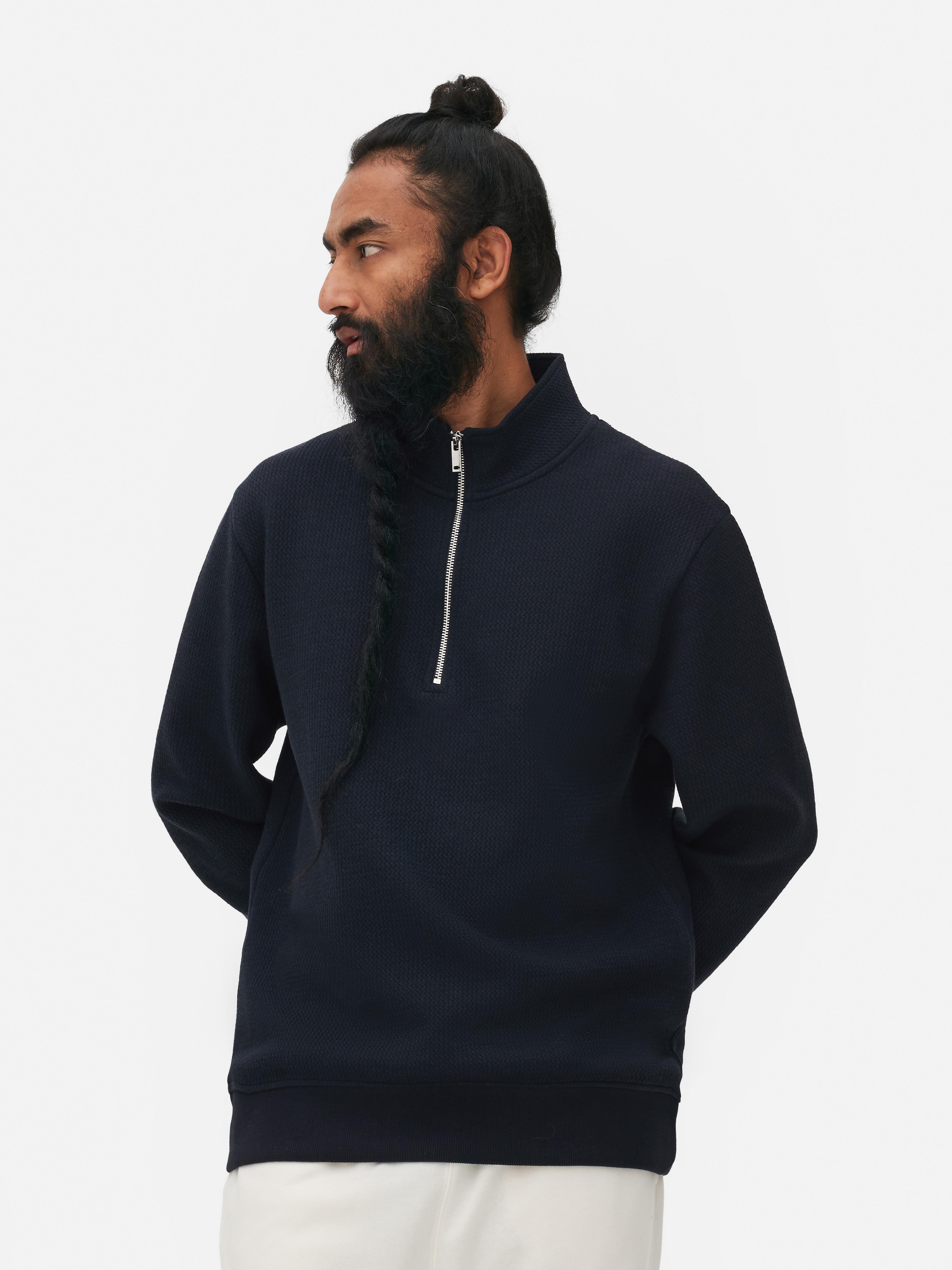 Mens Navy Geometric Textured Quarter-Zip Sweatshirt | Primark