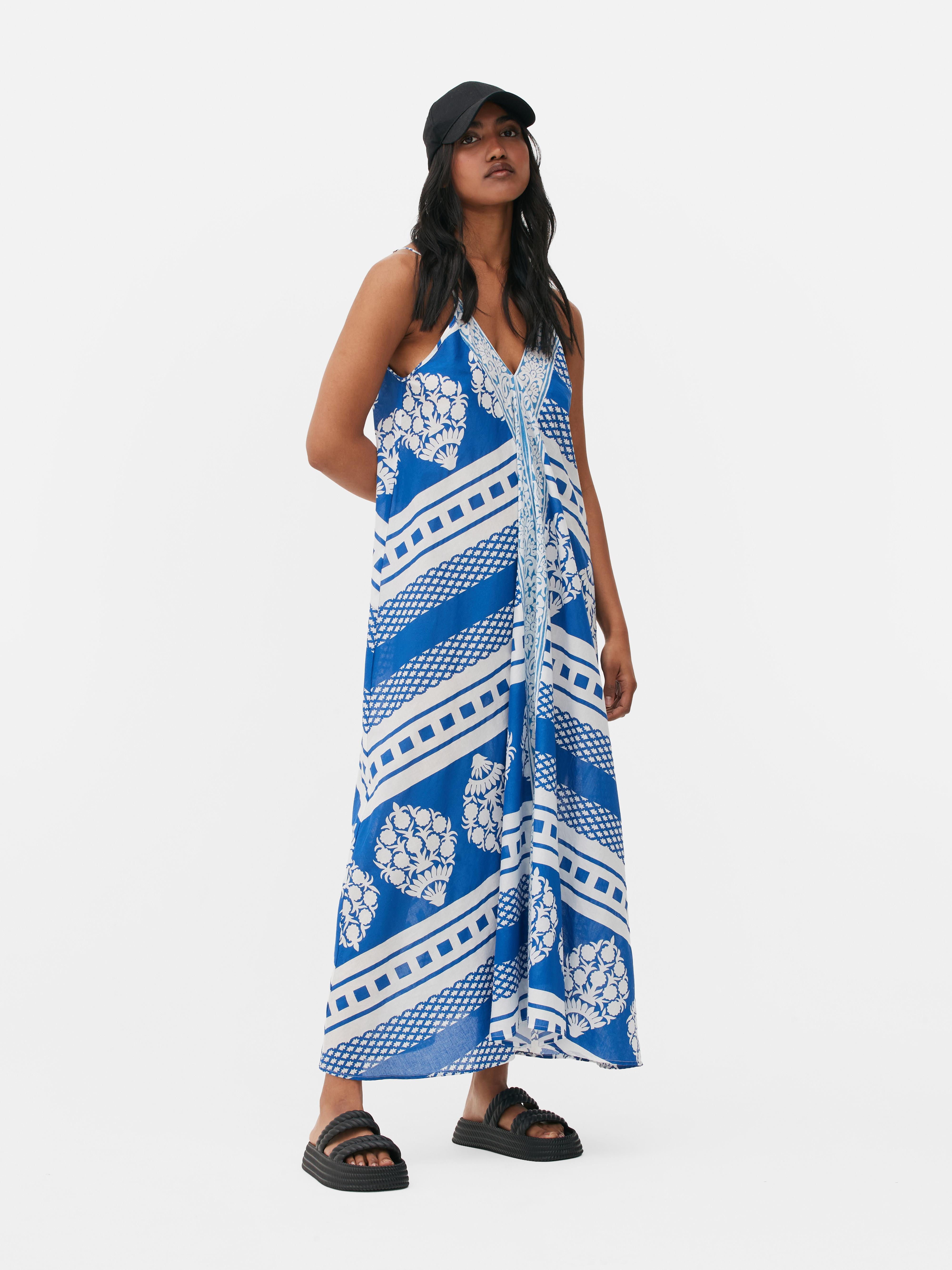 Robe longue trapeze impression carreaux Bleu Femme Primark