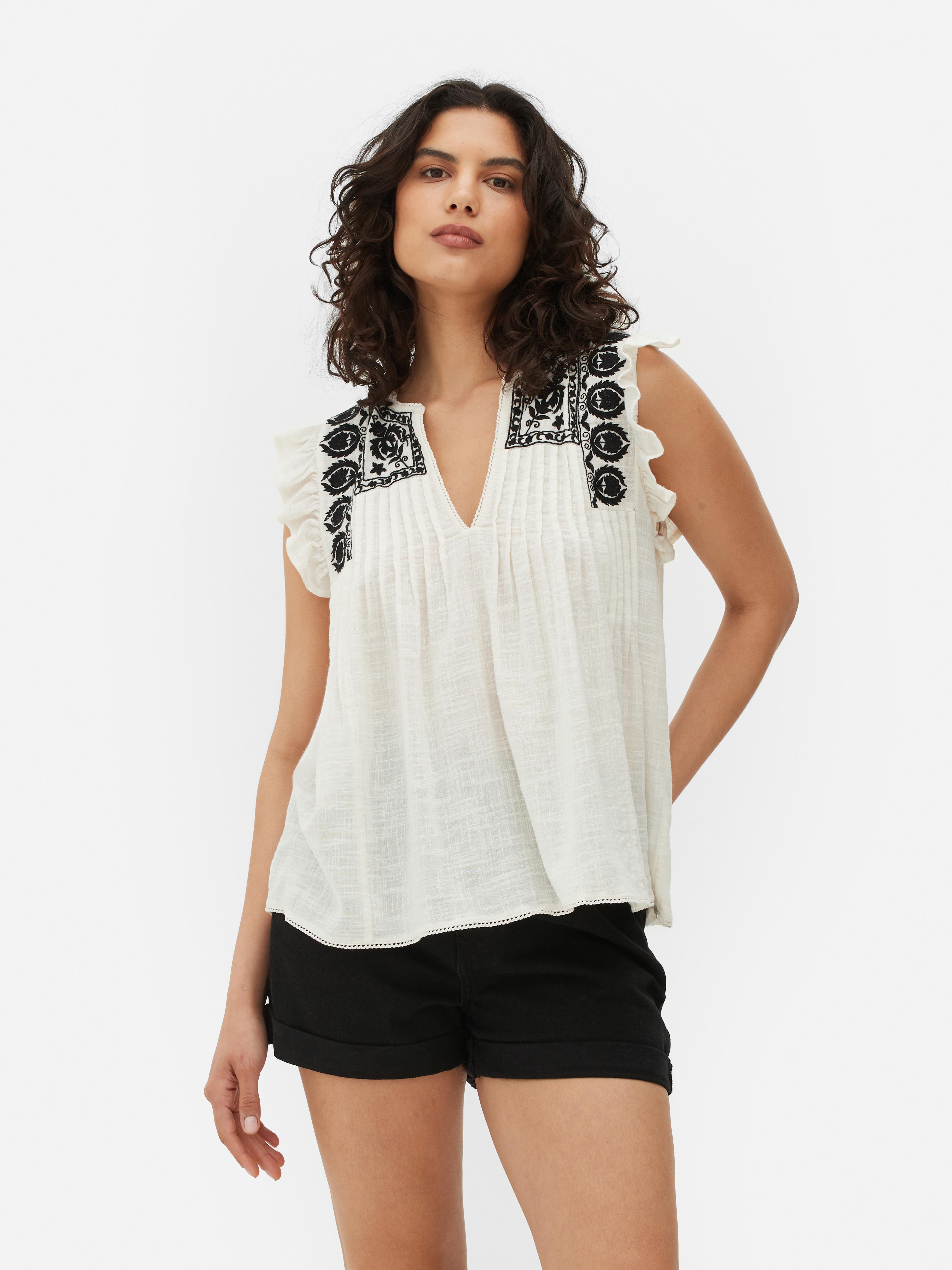 Women's Black/White Embroidered Frill Sleeve Top Penneys