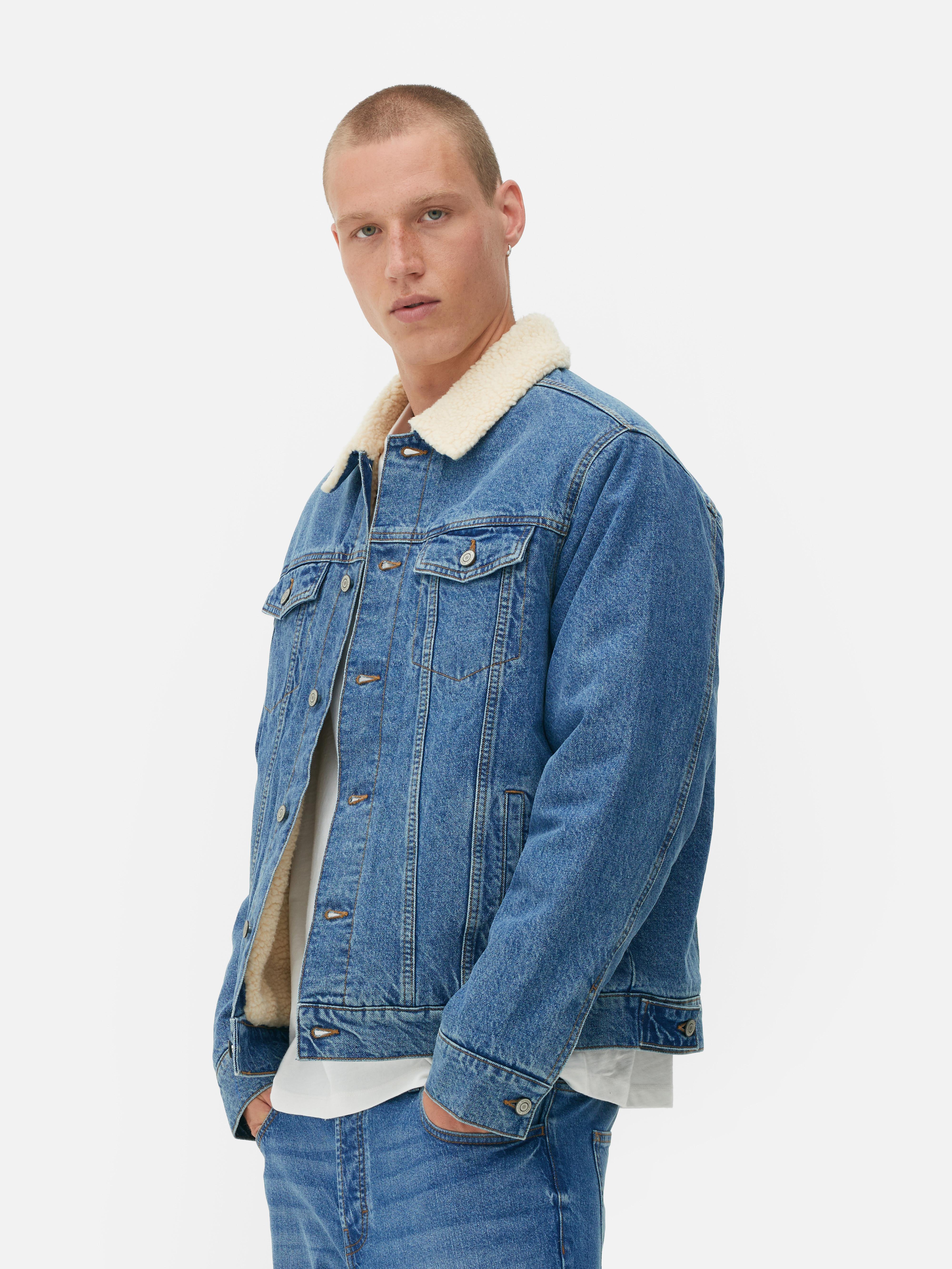 Mens Blue Borg Collar Denim Trucker Jacket Primark