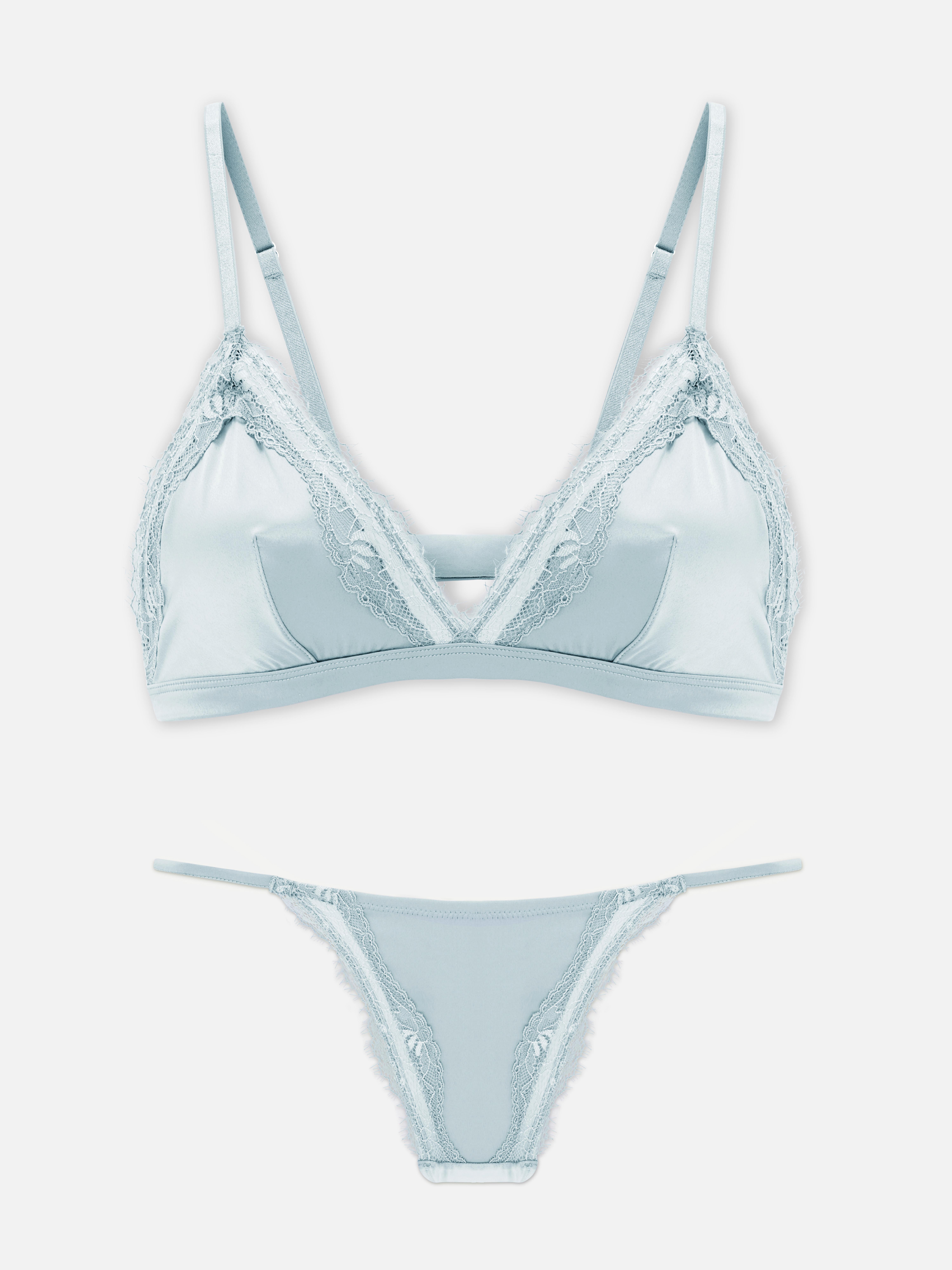 Satin Lace Triangle Bralette and Thong Set