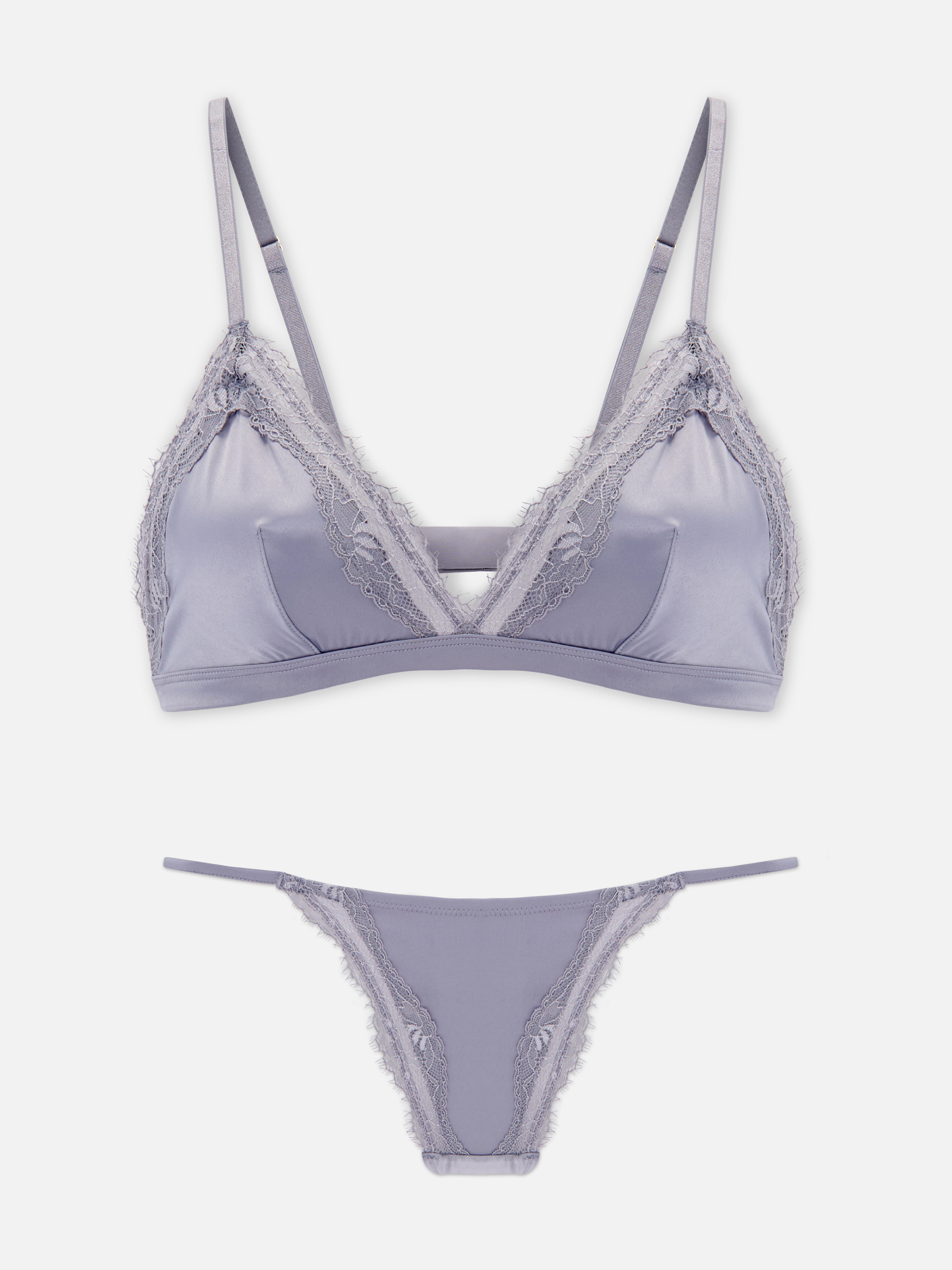 Satin Lace Triangle Bralette and Thong Set