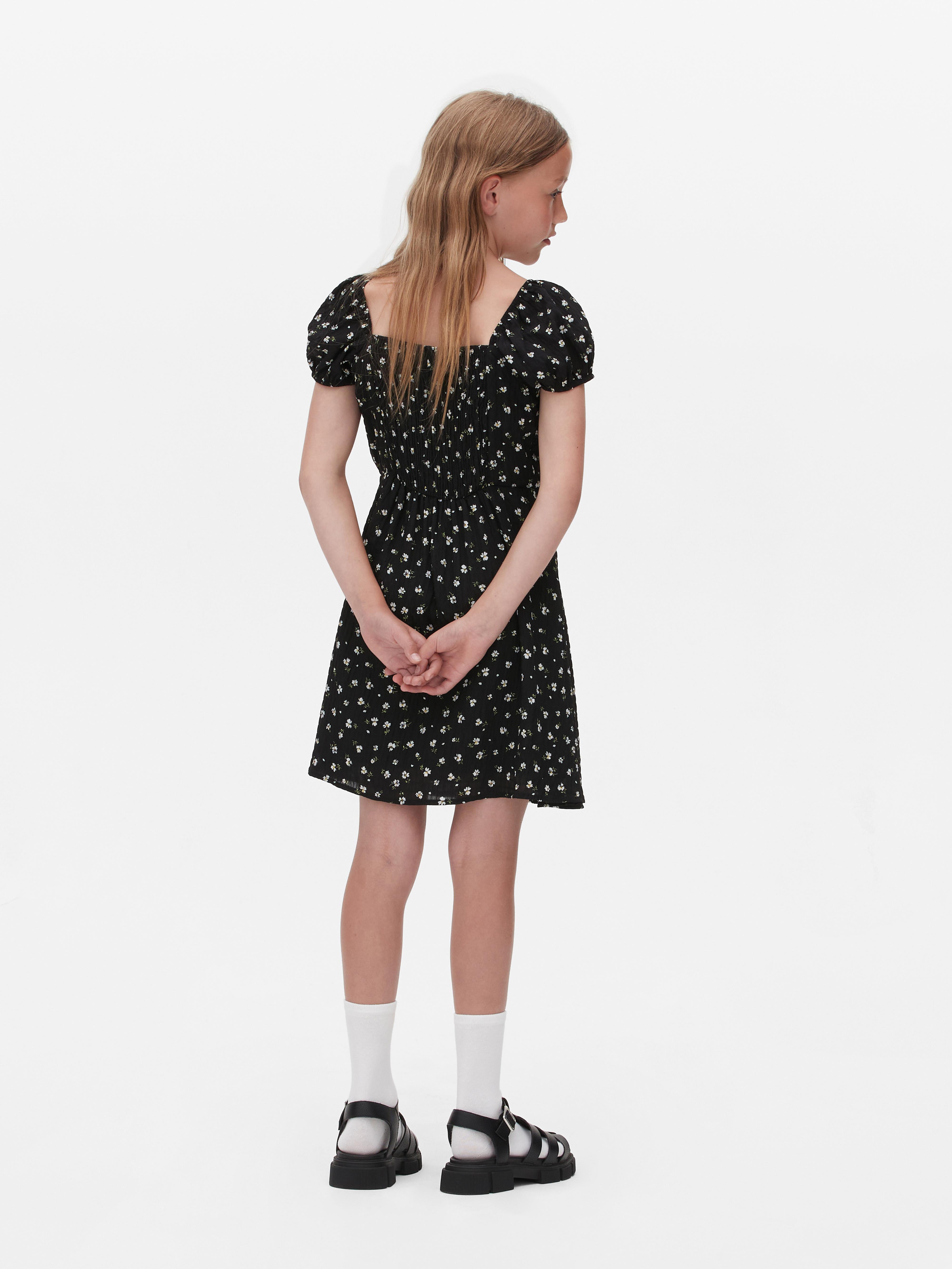 Girls Black Floral Shirred Dress Primark