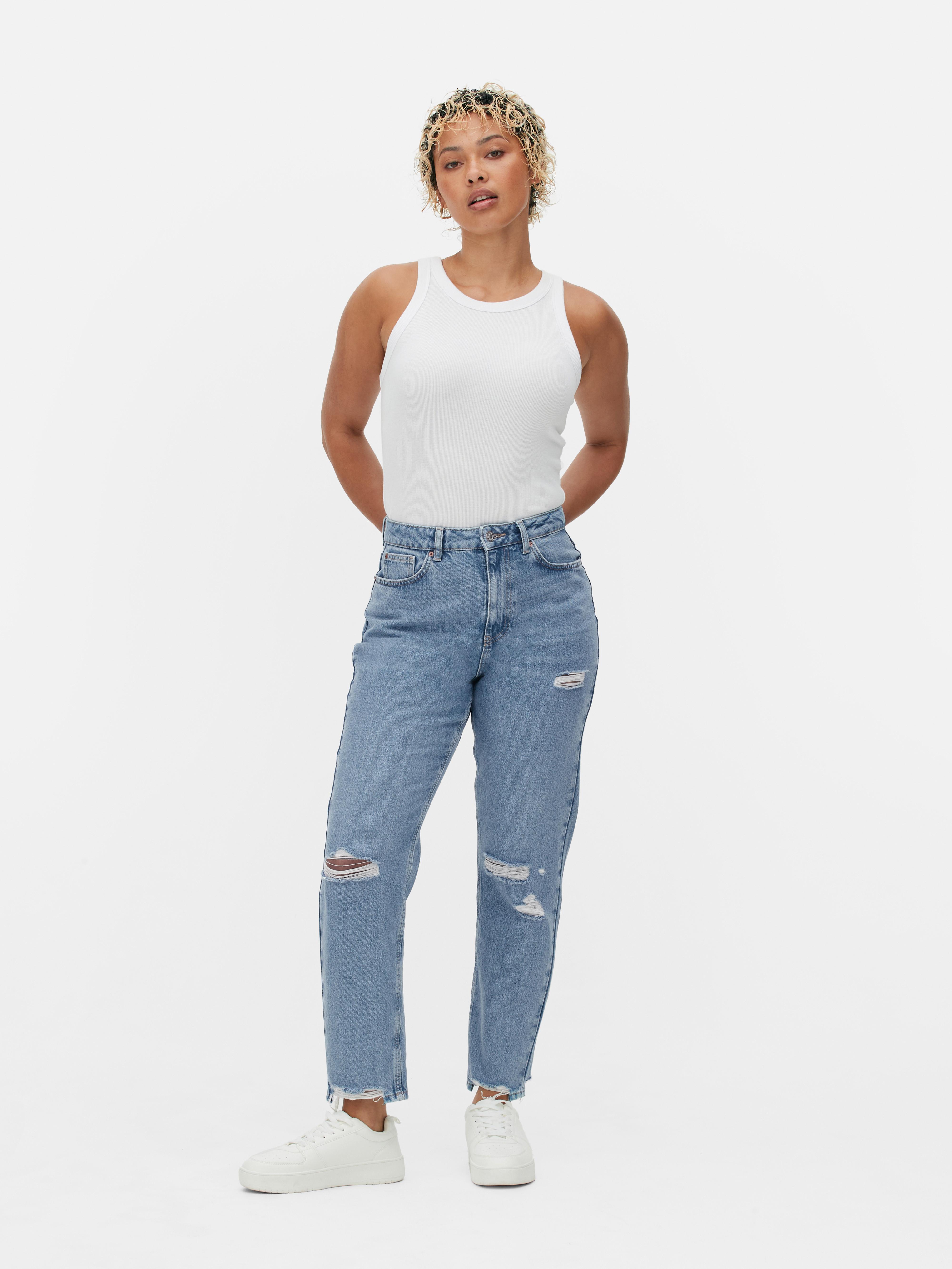 Women's Mid Blue Raw Hem Ripped Denim Mom Jeans | Penneys