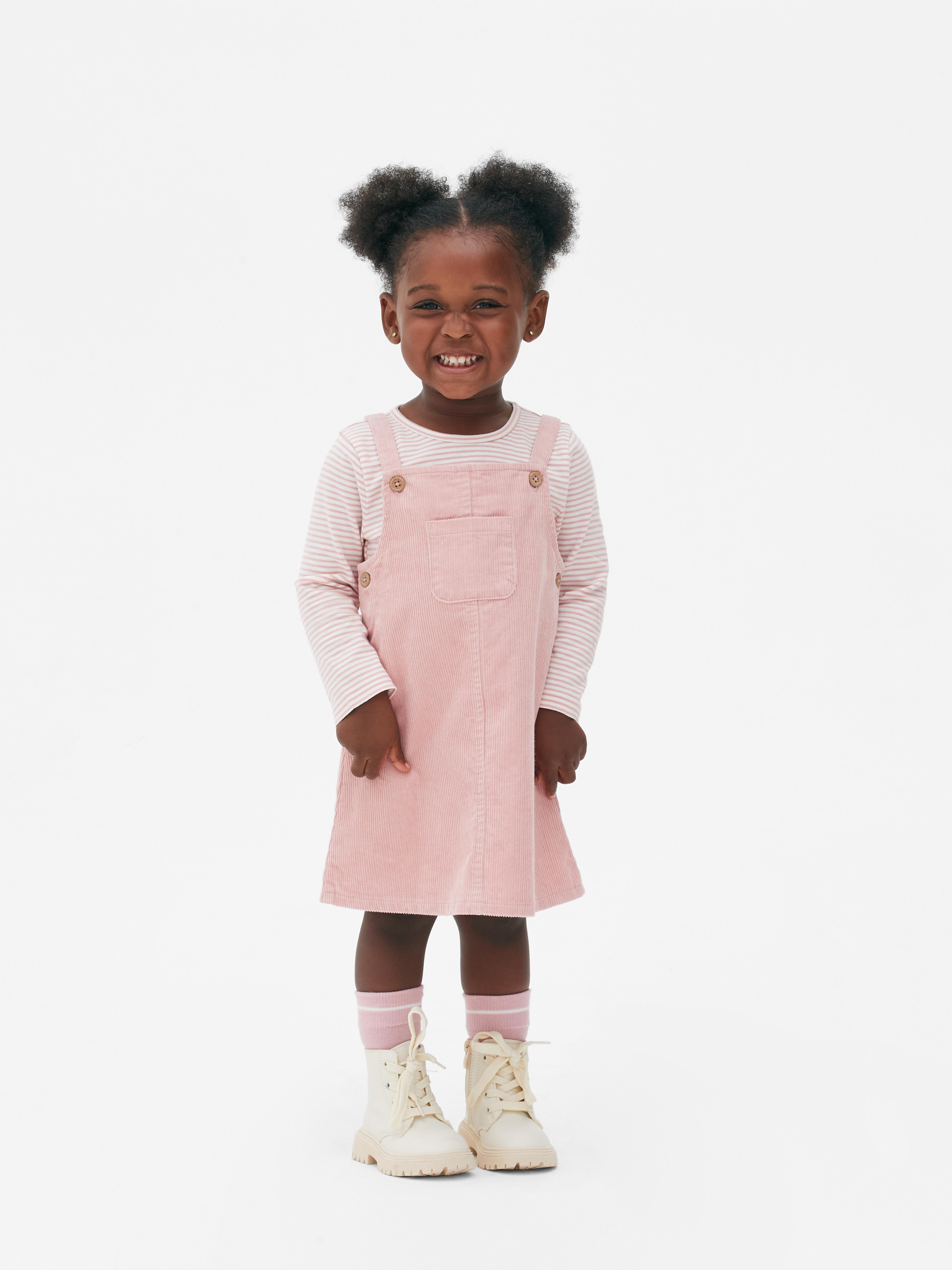 Baby Girls Pink Striped T shirt and Corduroy Pinafore Dress Set Primark