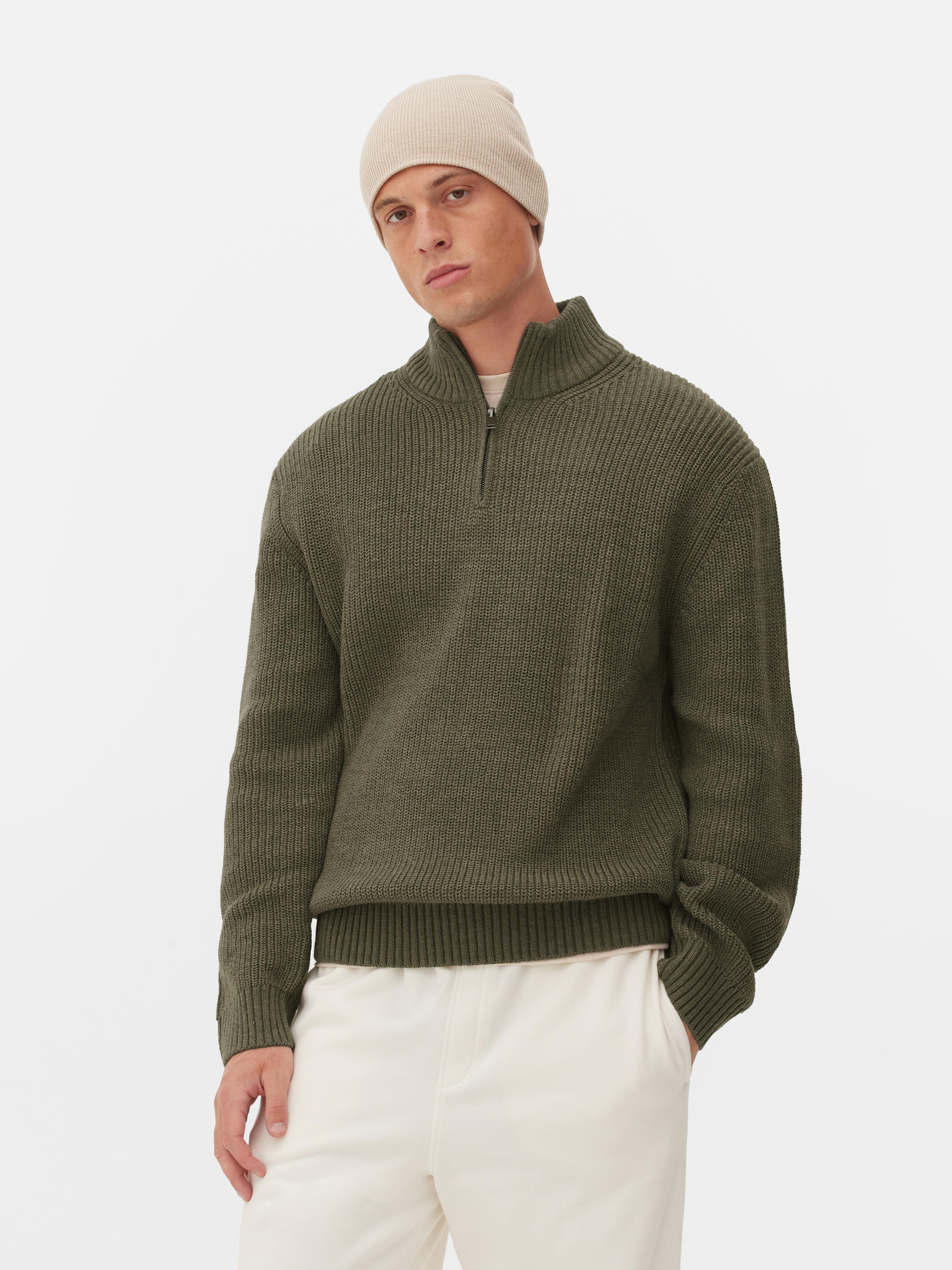 Mens Green Rib Knit Half Zip Jumper Primark