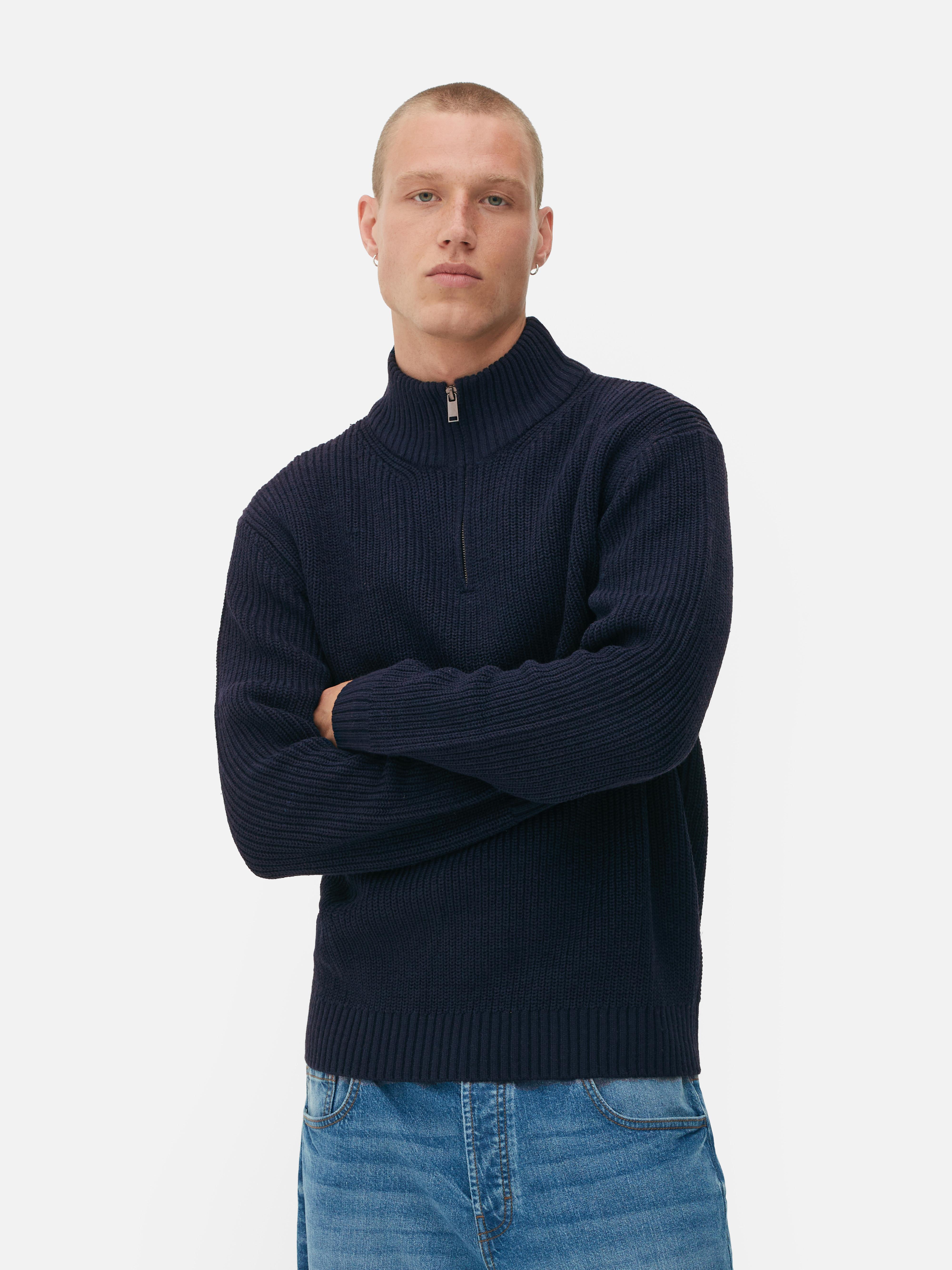 Mens Navy Rib Knit Half Zip Jumper Primark