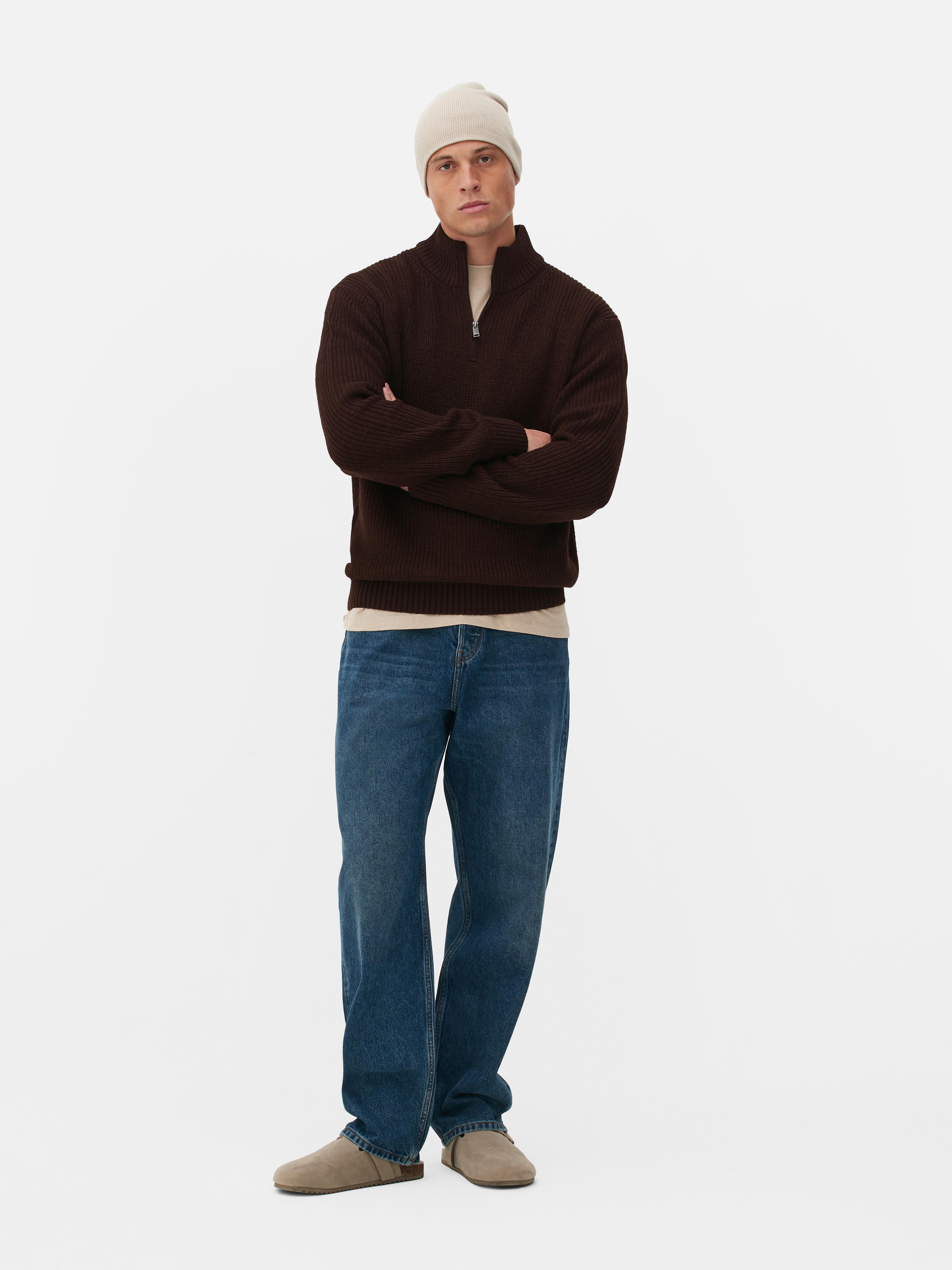 Mens Brown RibKnit HalfZip Jumper Primark