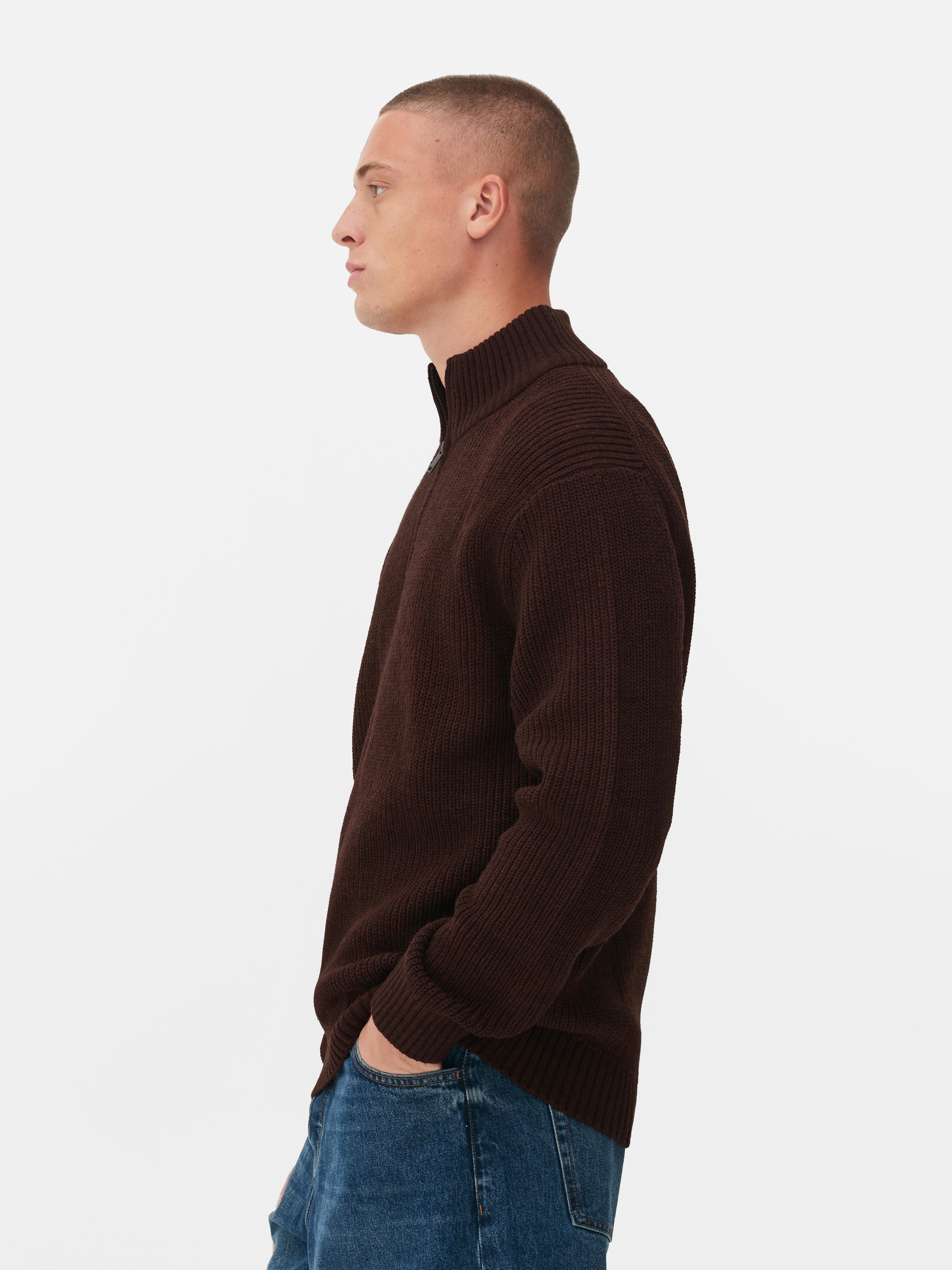 Mens Brown Rib-Knit Half-Zip Jumper | Primark