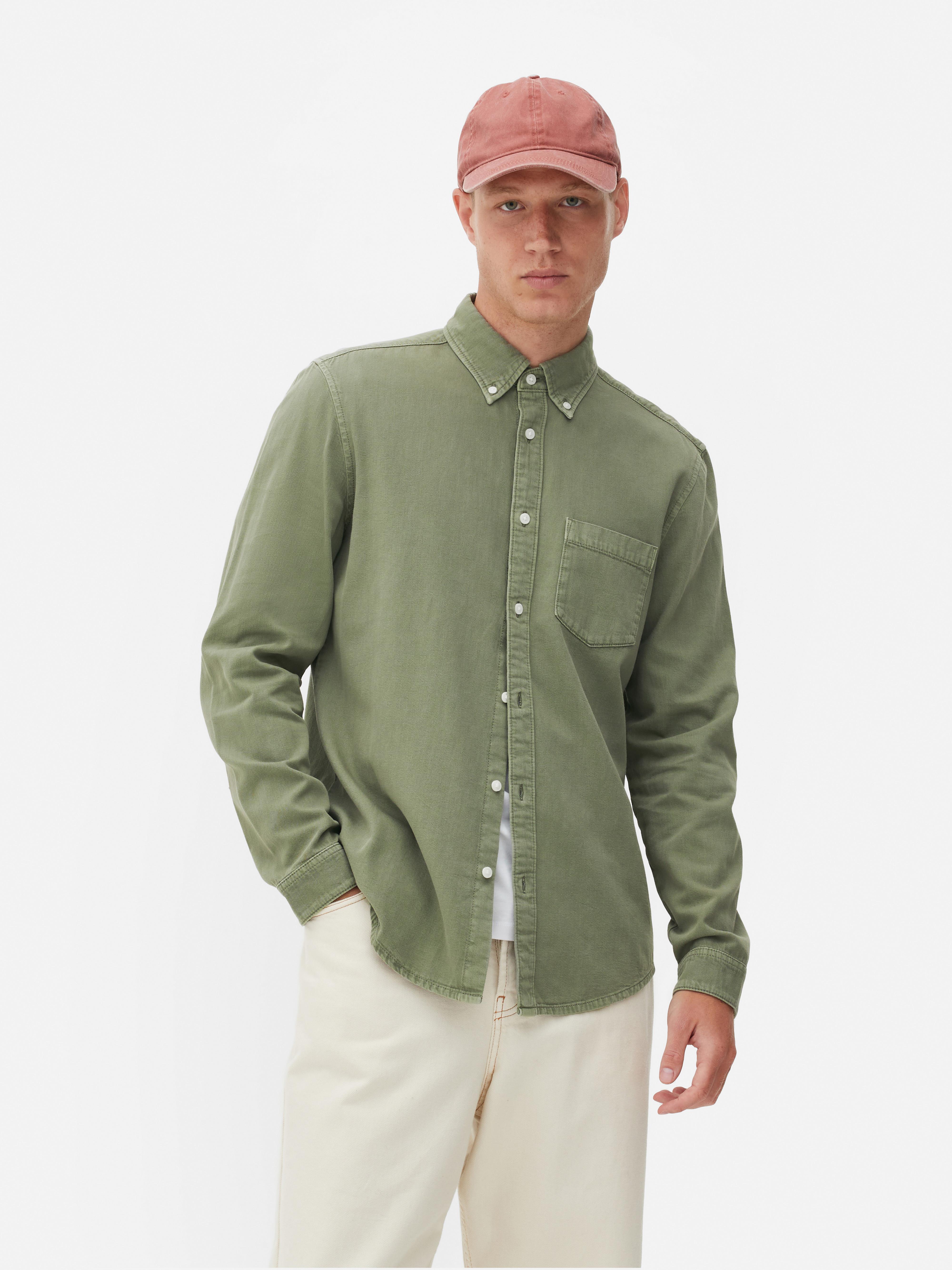 Mens Light Green Long Sleeve Cotton Twill Shirt Primark