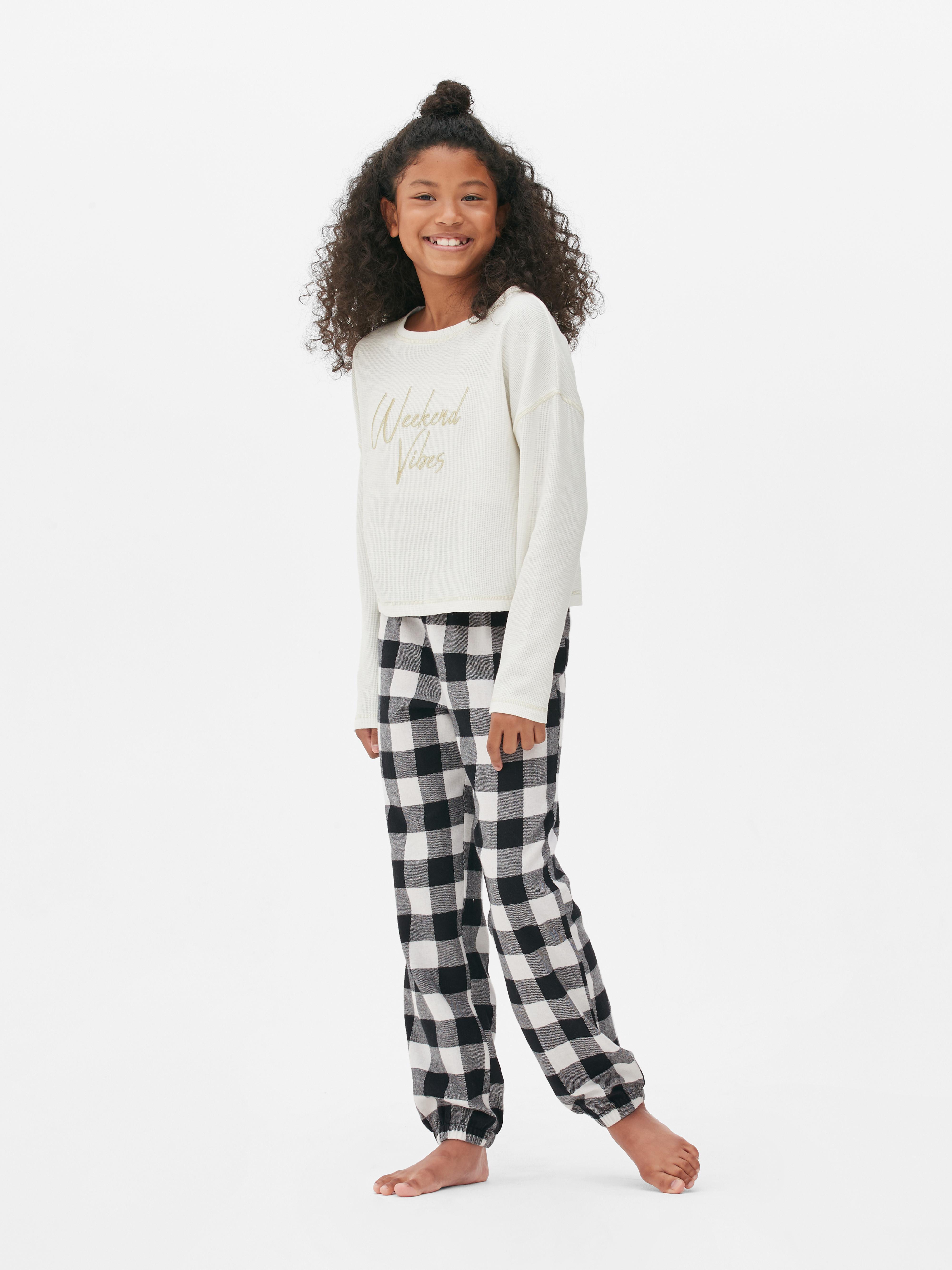 Girls Black White Embroidered Flannel Pyjamas Primark