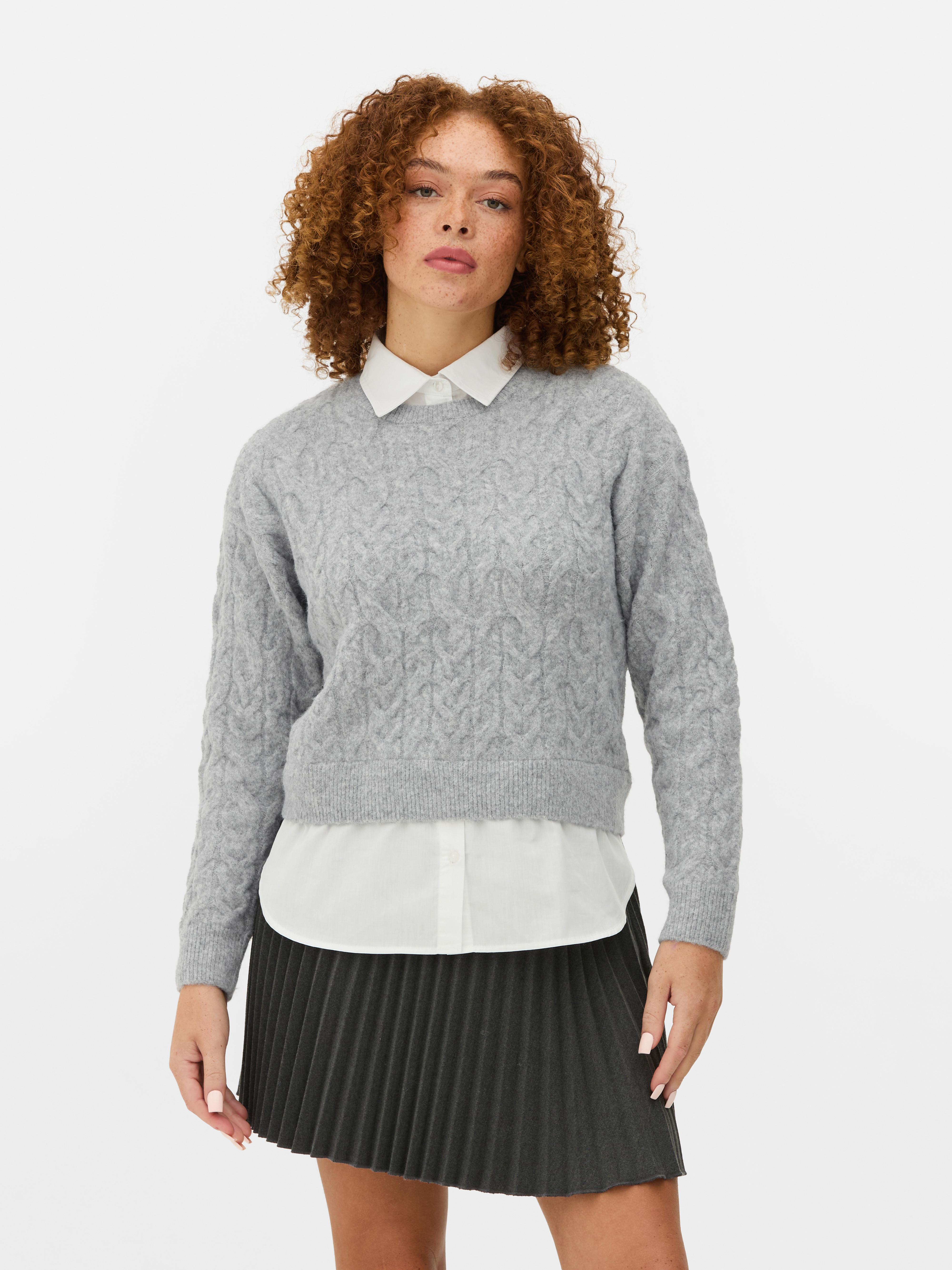 Womens Grey 2 in 1 Cable Knit Jumper and Shirt Primark