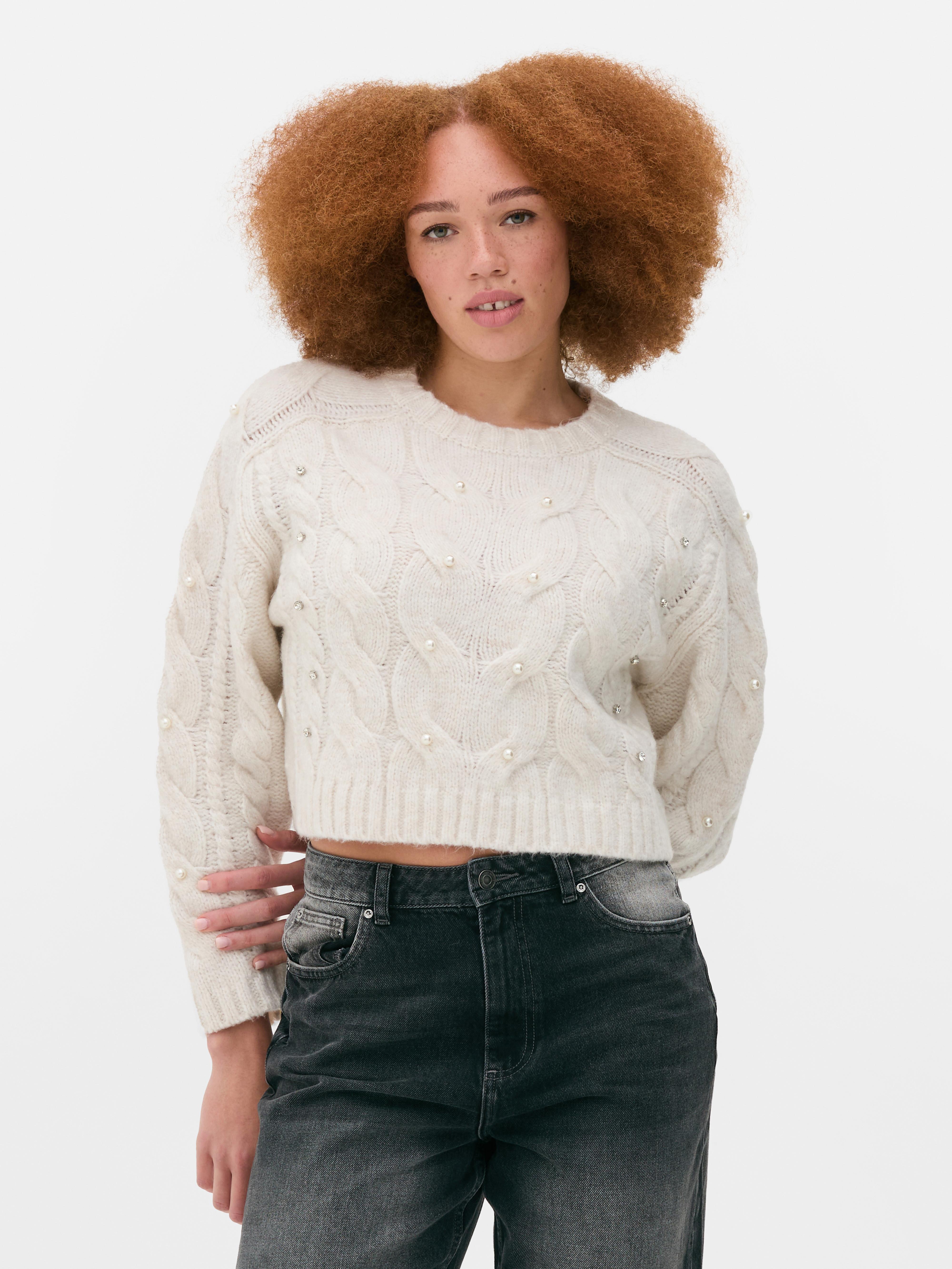 Women s Ivory Faux Pearl Cropped Cable Knit Jumper Penneys