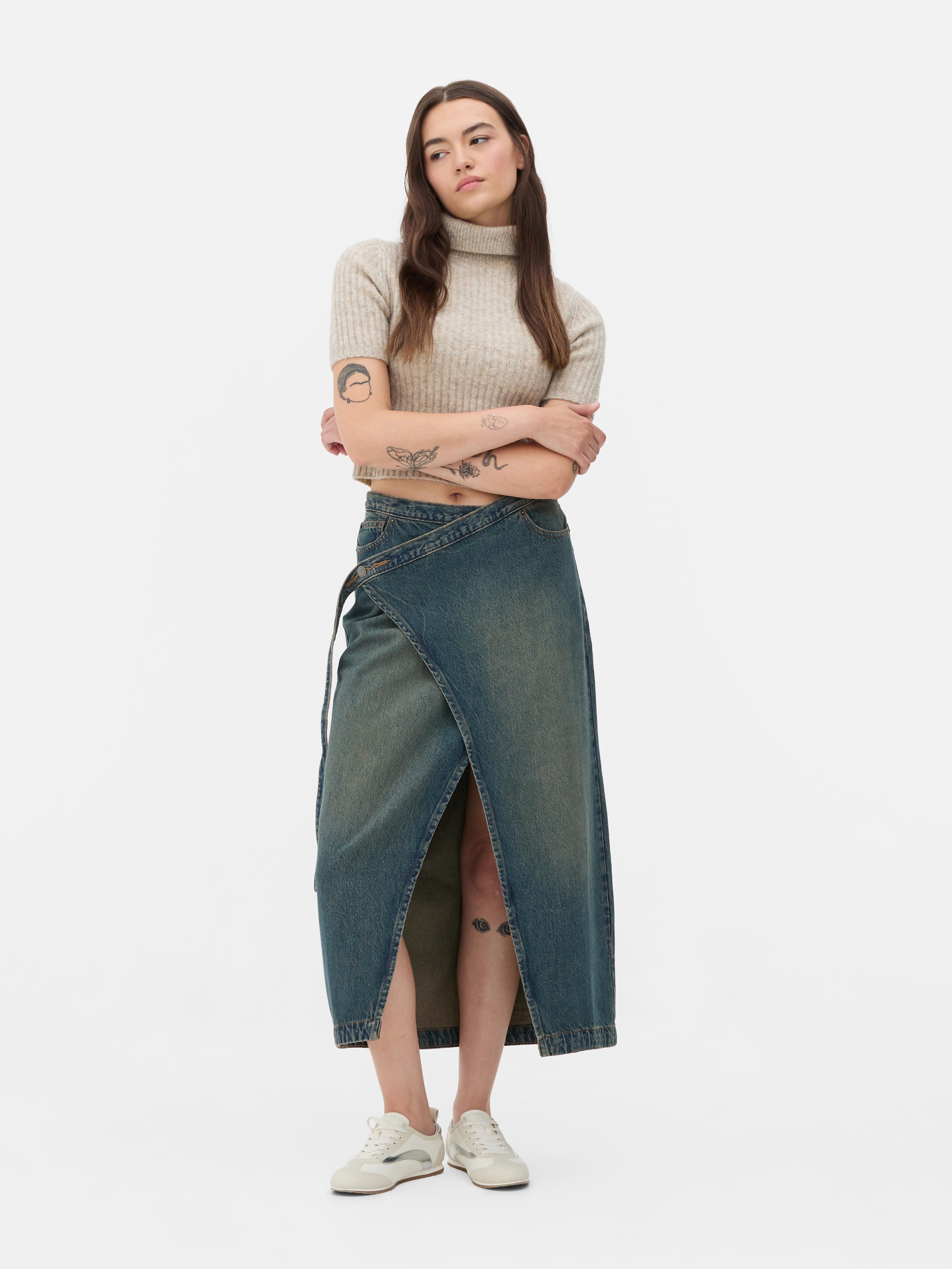 Womens Mid Blue Denim Wrap Midi Skirt Primark