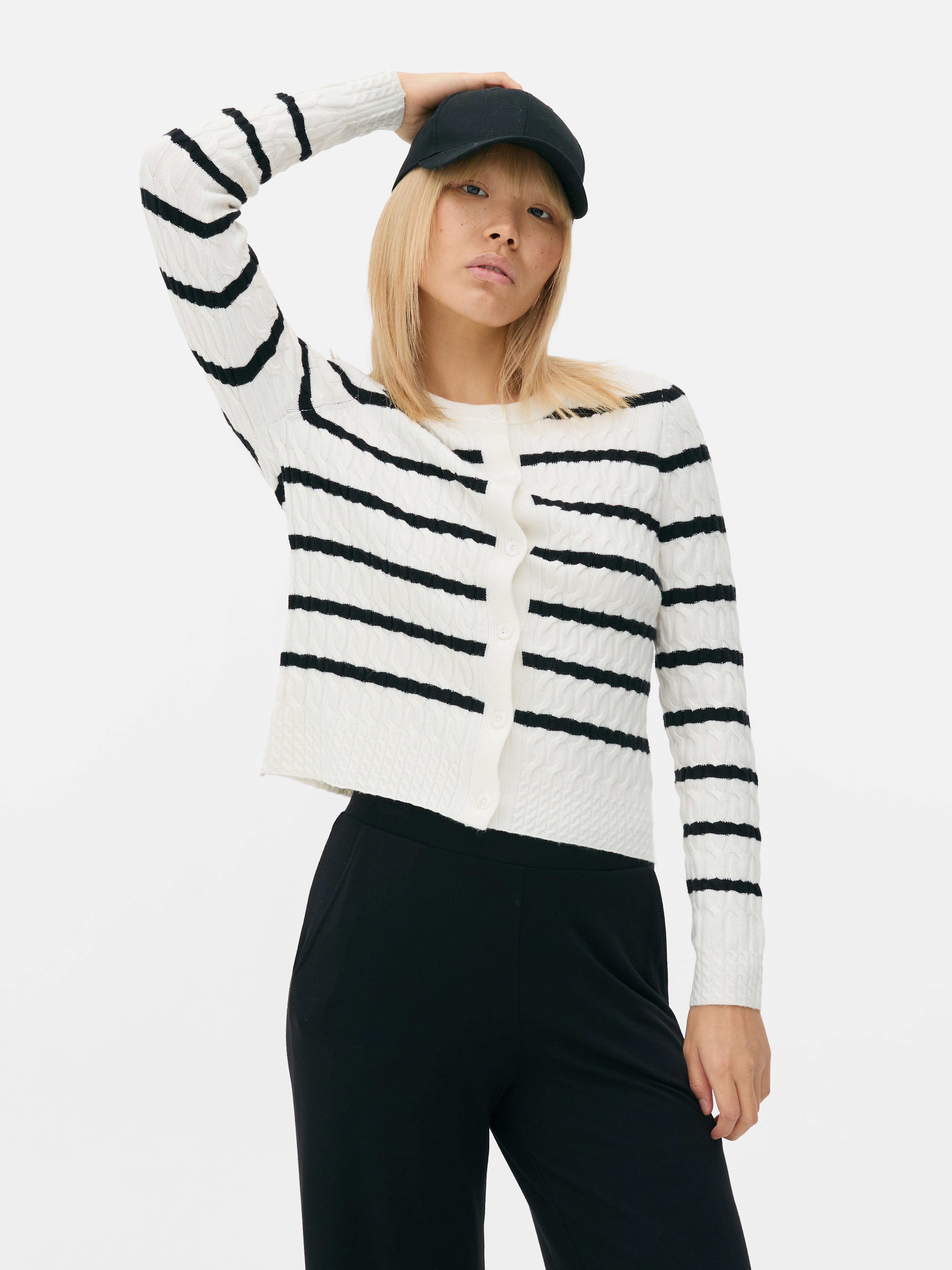 Womens White Black Cable Knit Cardigan Primark