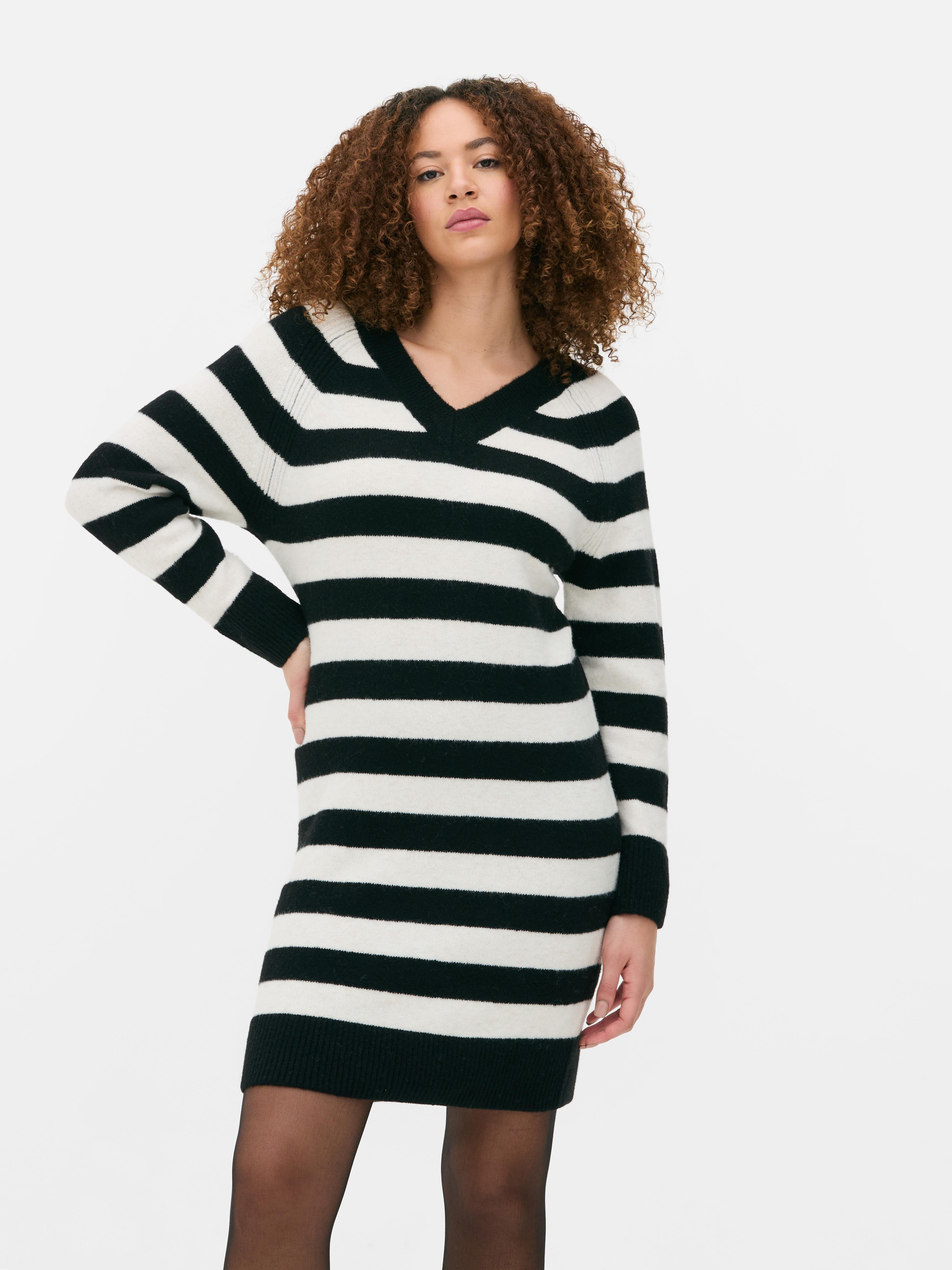 Womens Black White V Neck Jumper Dress Primark