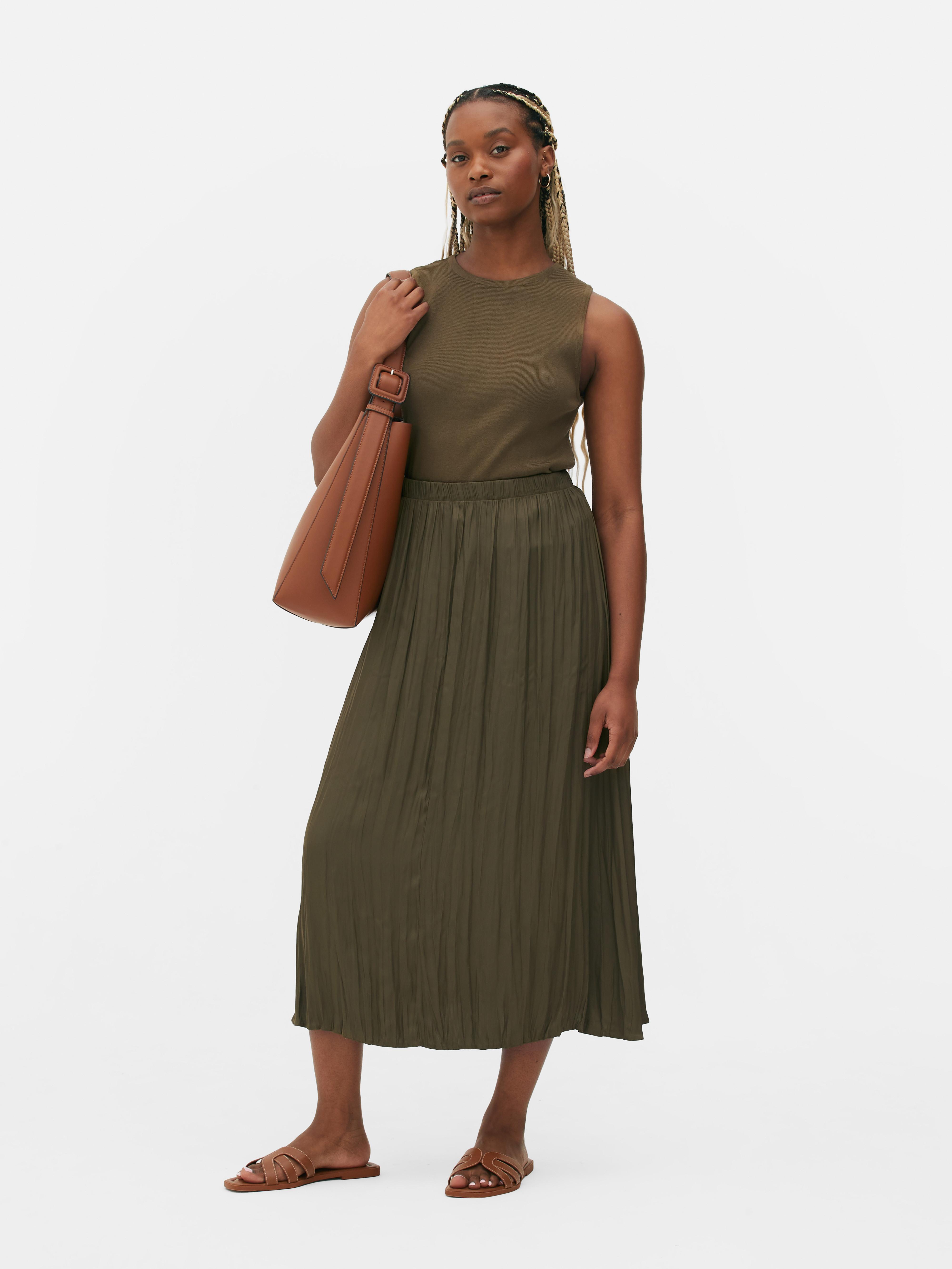 Womens Khaki Satin Pleated Midi Skirt Primark