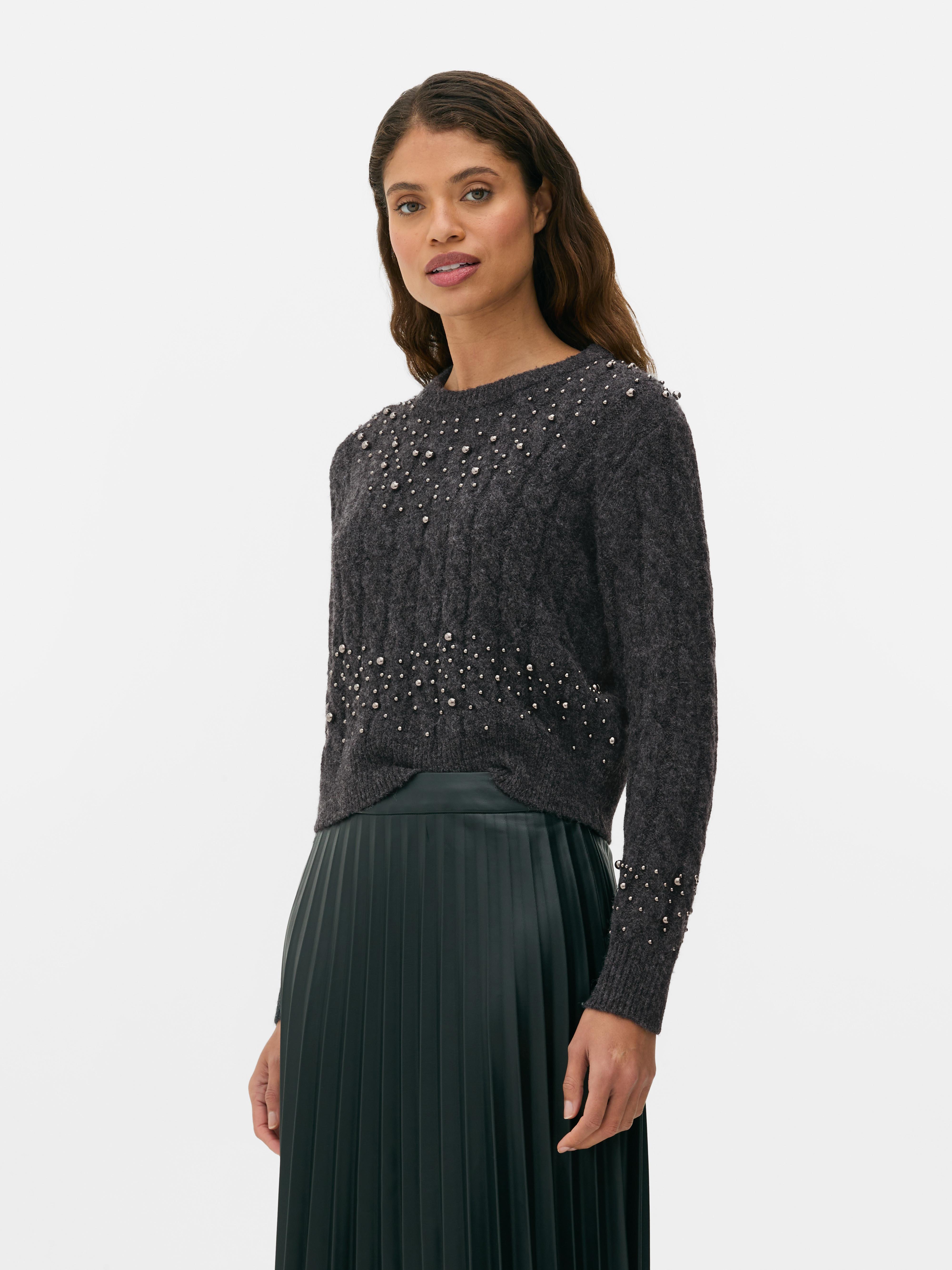 Womens Charcoal Bead Embellished Knitted Jumper Primark