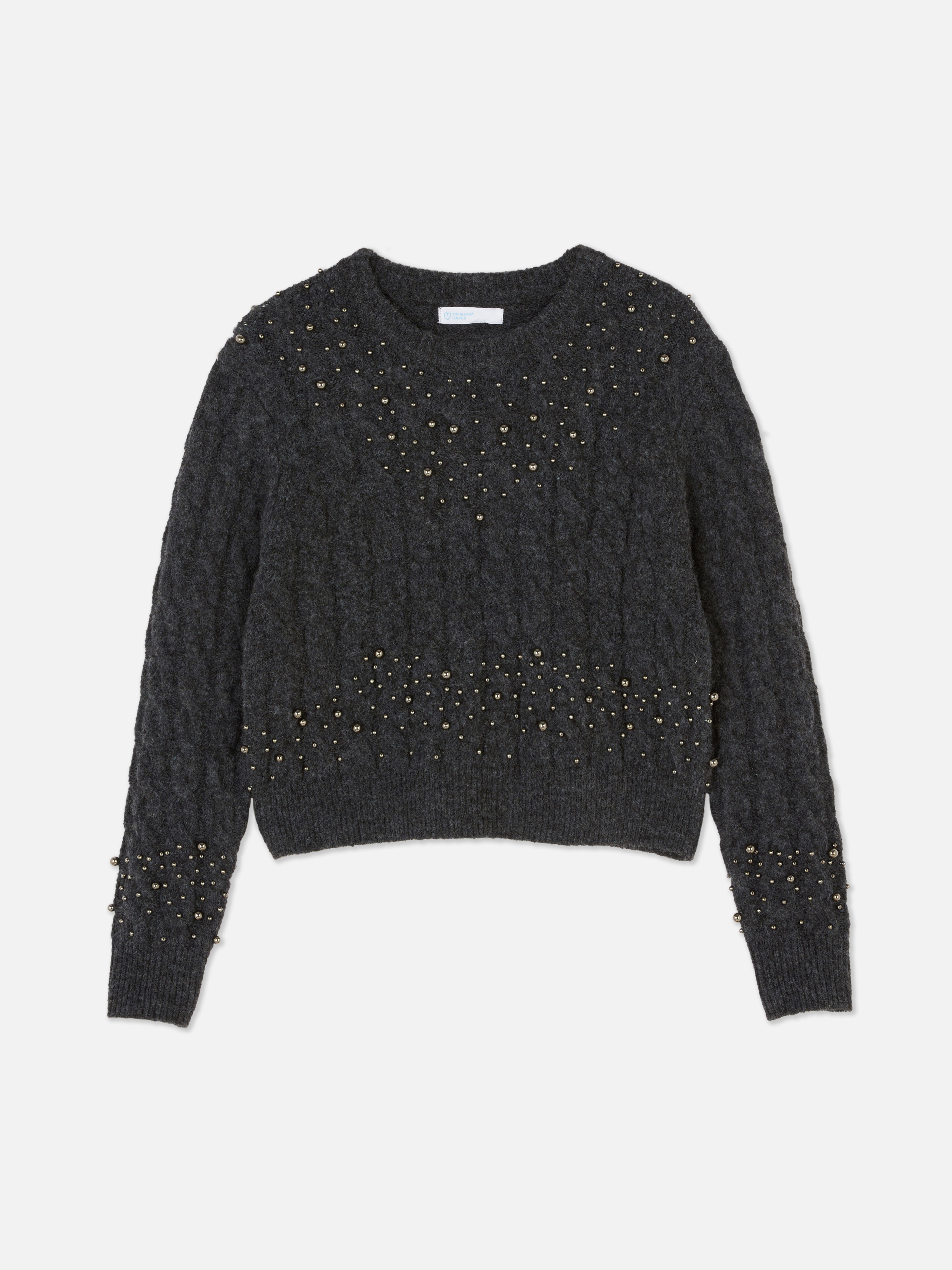 Girls Charcoal Velvet Bow Embellished Jumper Primark