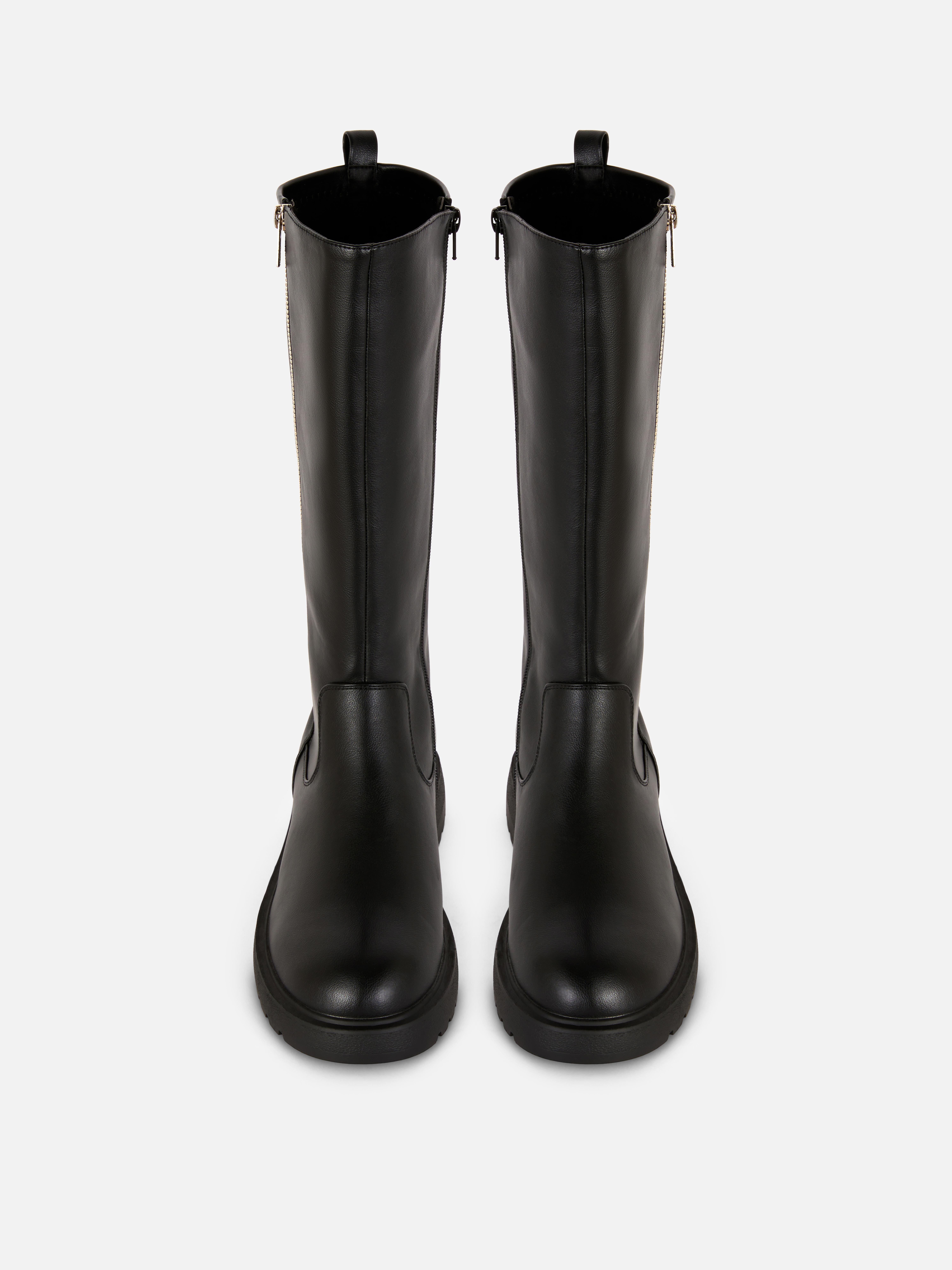 Girls Black Chunky Faux Leather Knee Boots Primark