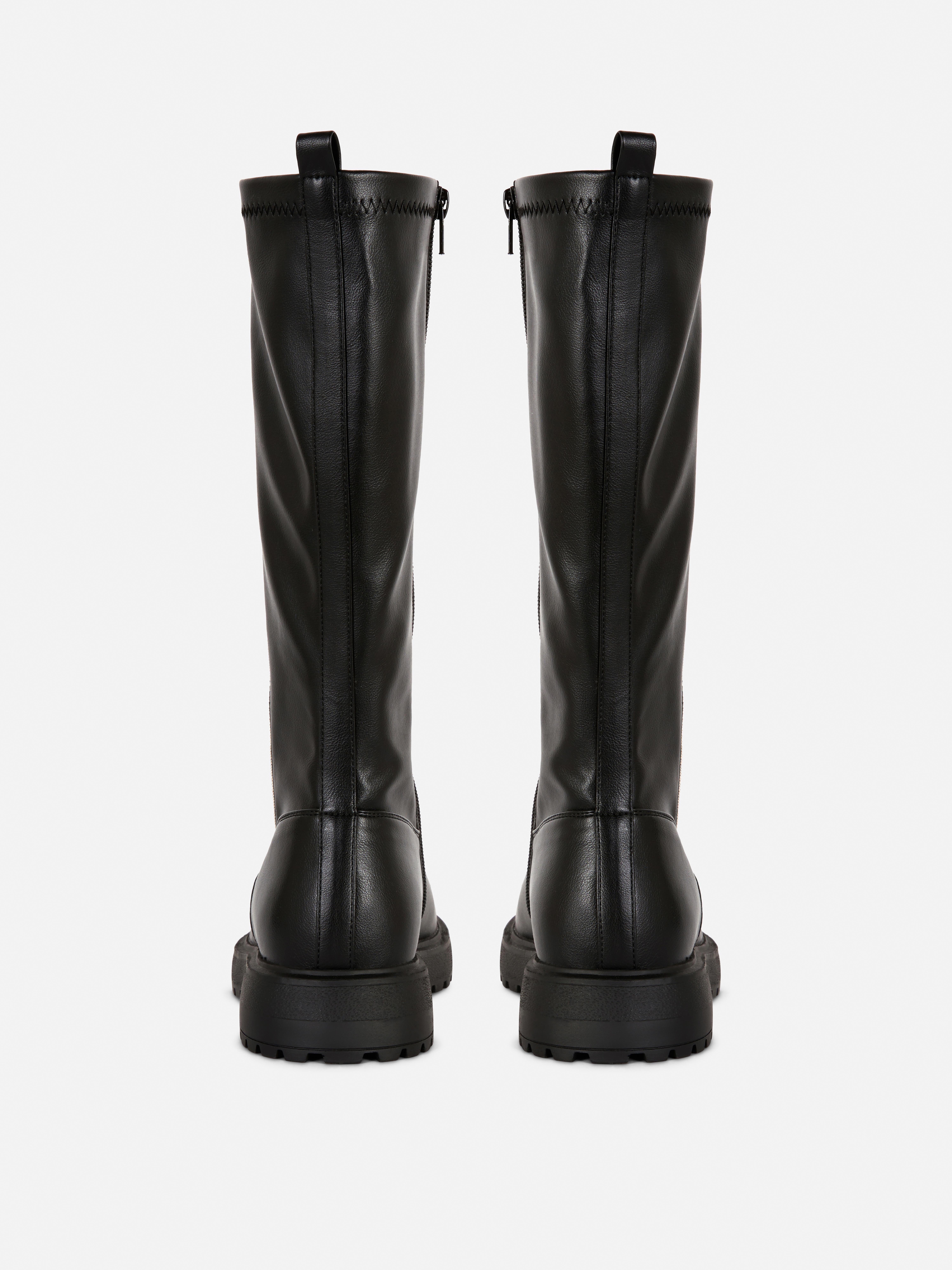 Girls Black Chunky Faux Leather Knee Boots Primark