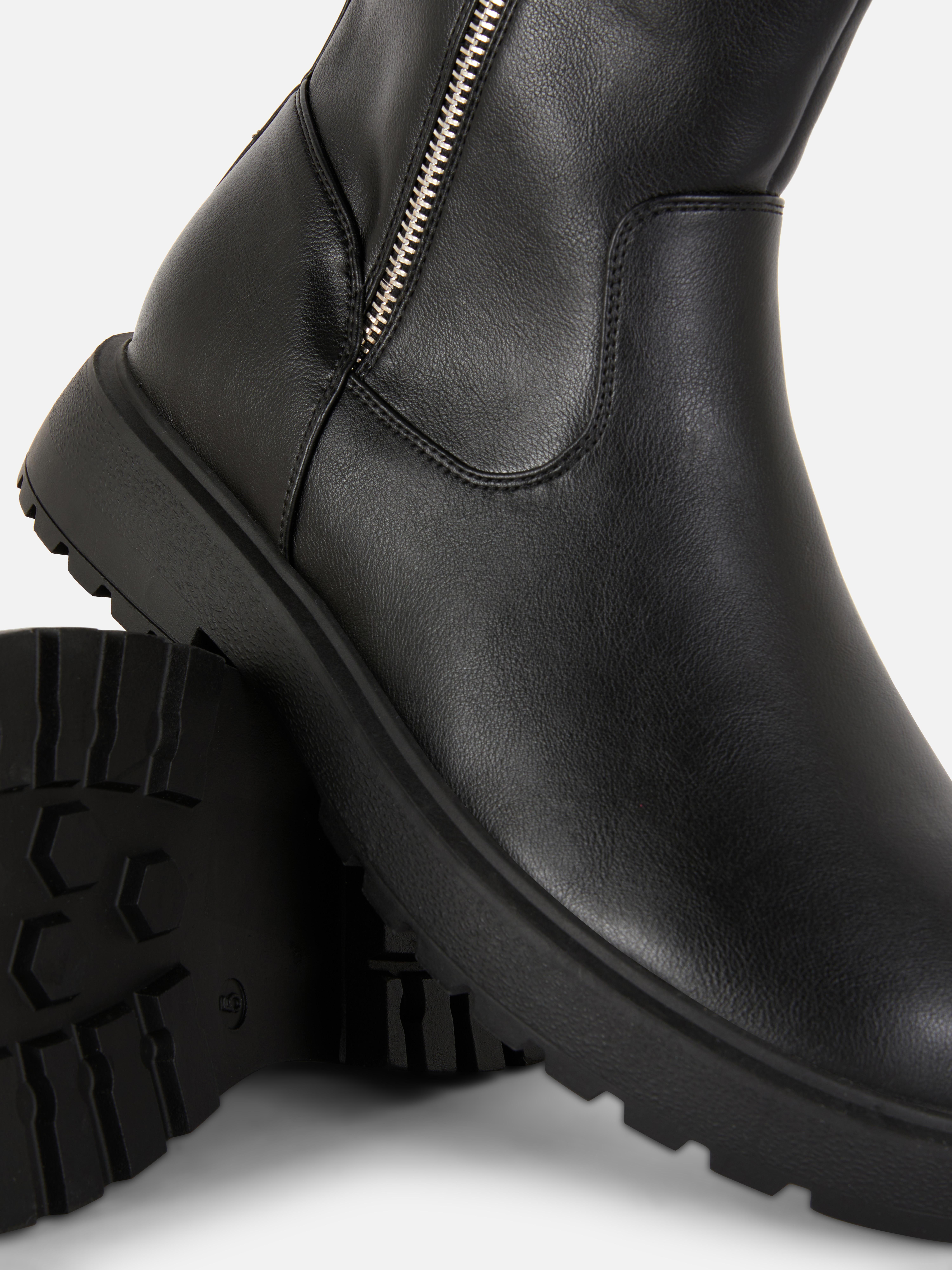 Girls Black Chunky Faux Leather Knee Boots Primark