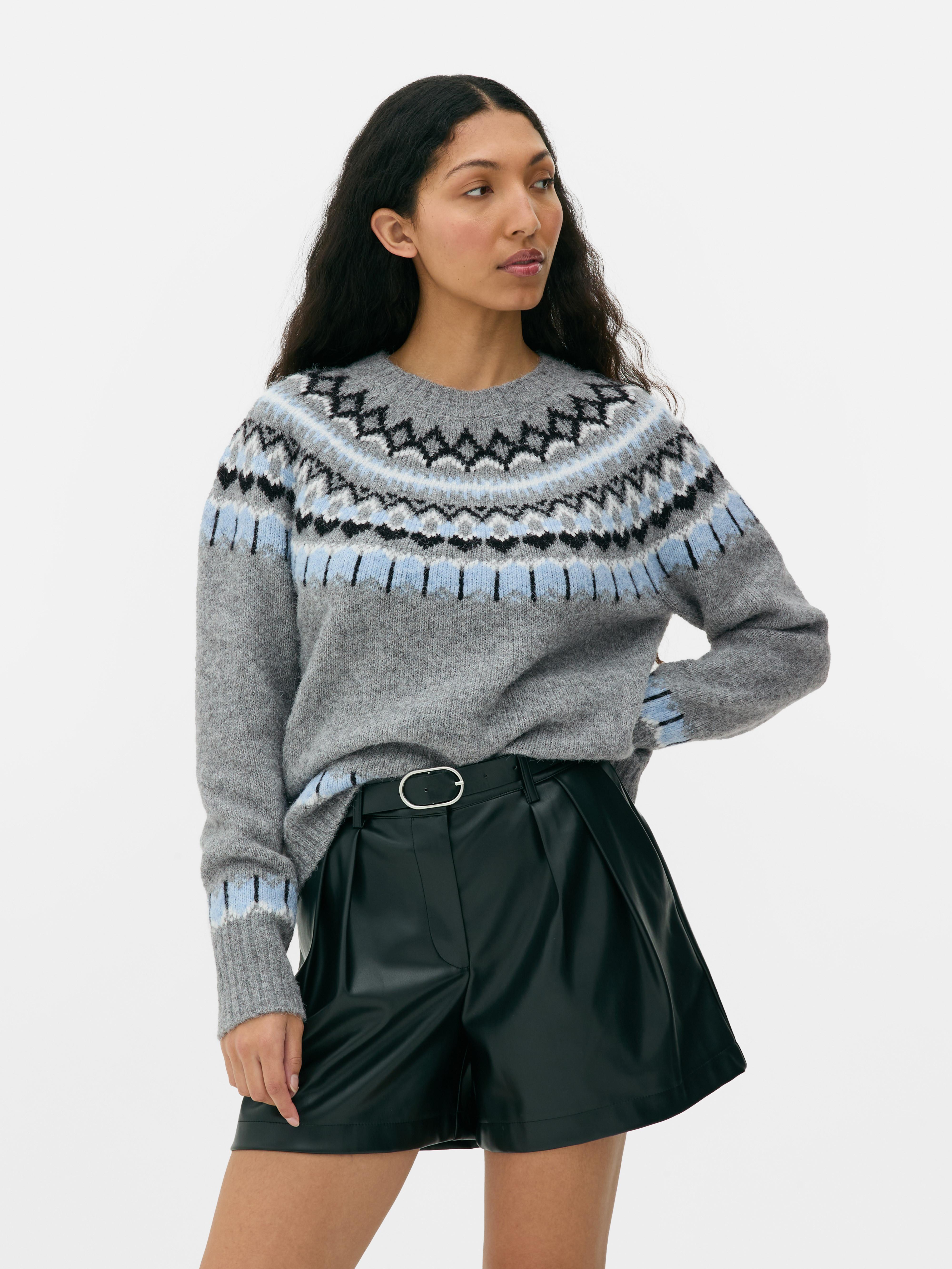 Women s Grey Crew Neck Fair Isle Jumper Penneys