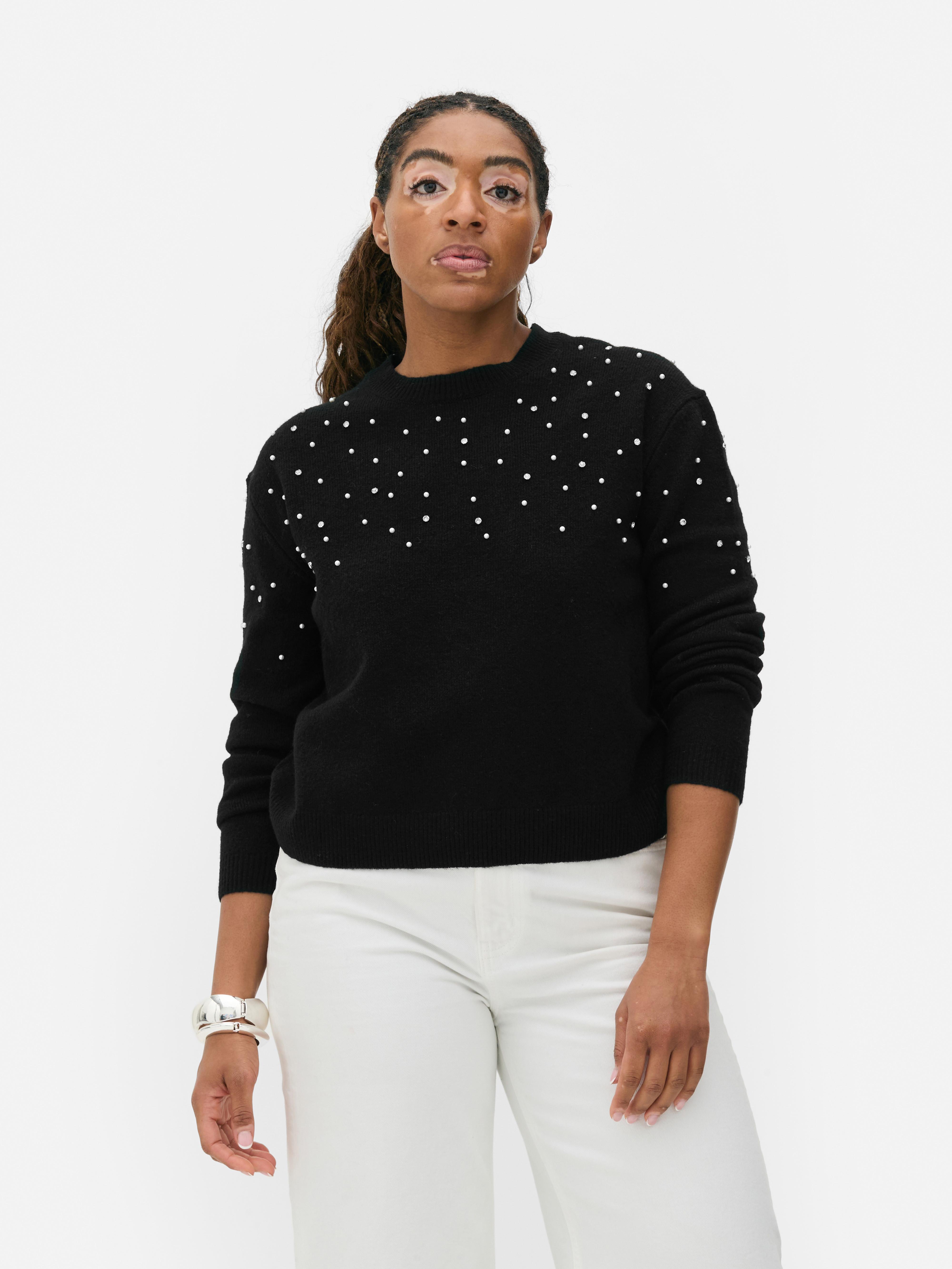 Women s Black Diamante and Faux Pearl Jumper Penneys