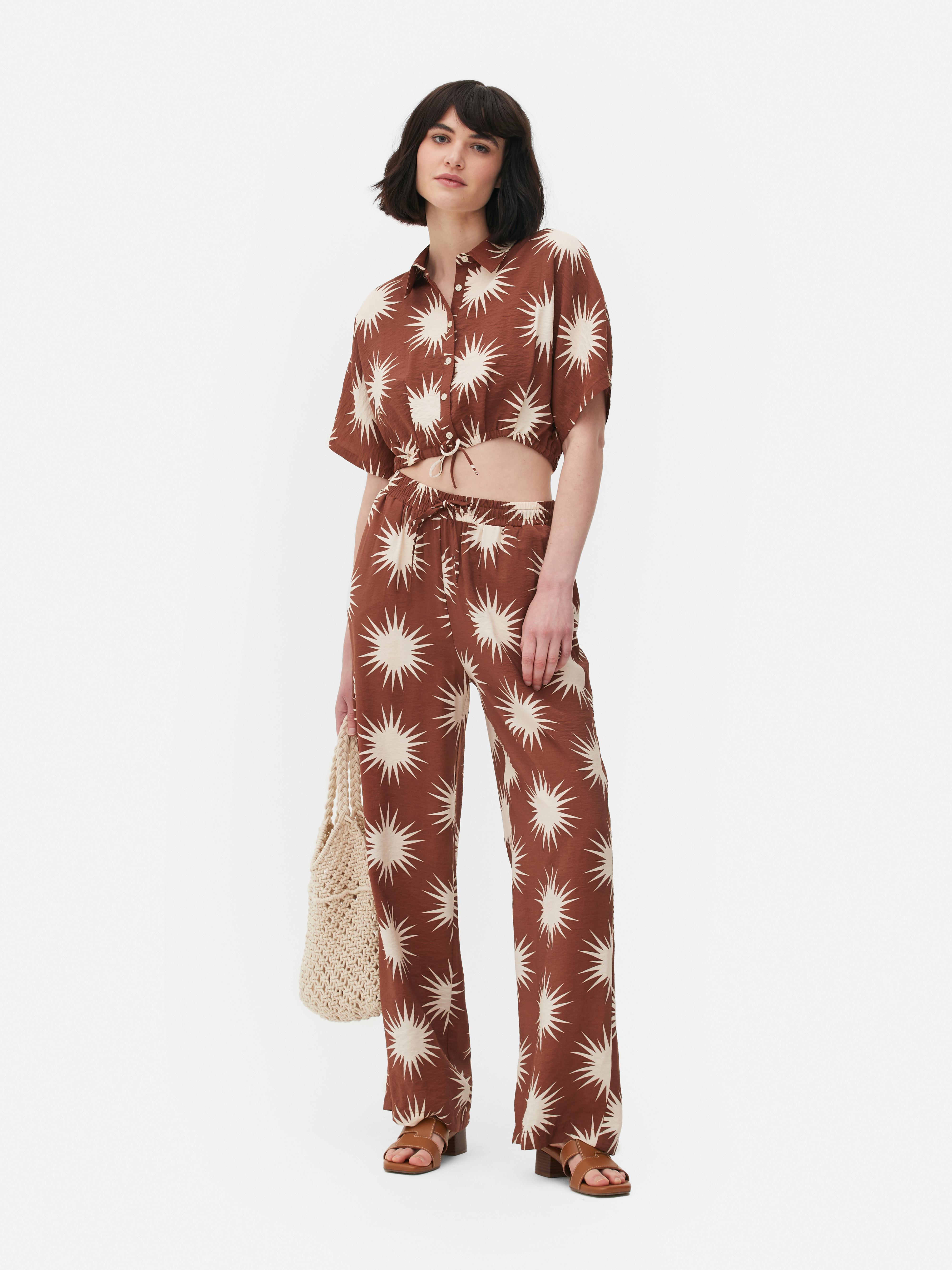 Pantalon Large De Style Bohème Pour Femmes Avec Taille élastique, Cordon De Serrage En * Et Détails En Pompons - Motif Géométrique, Vêtements Décontractés D'été, Pantalon De Coupe Décontractée