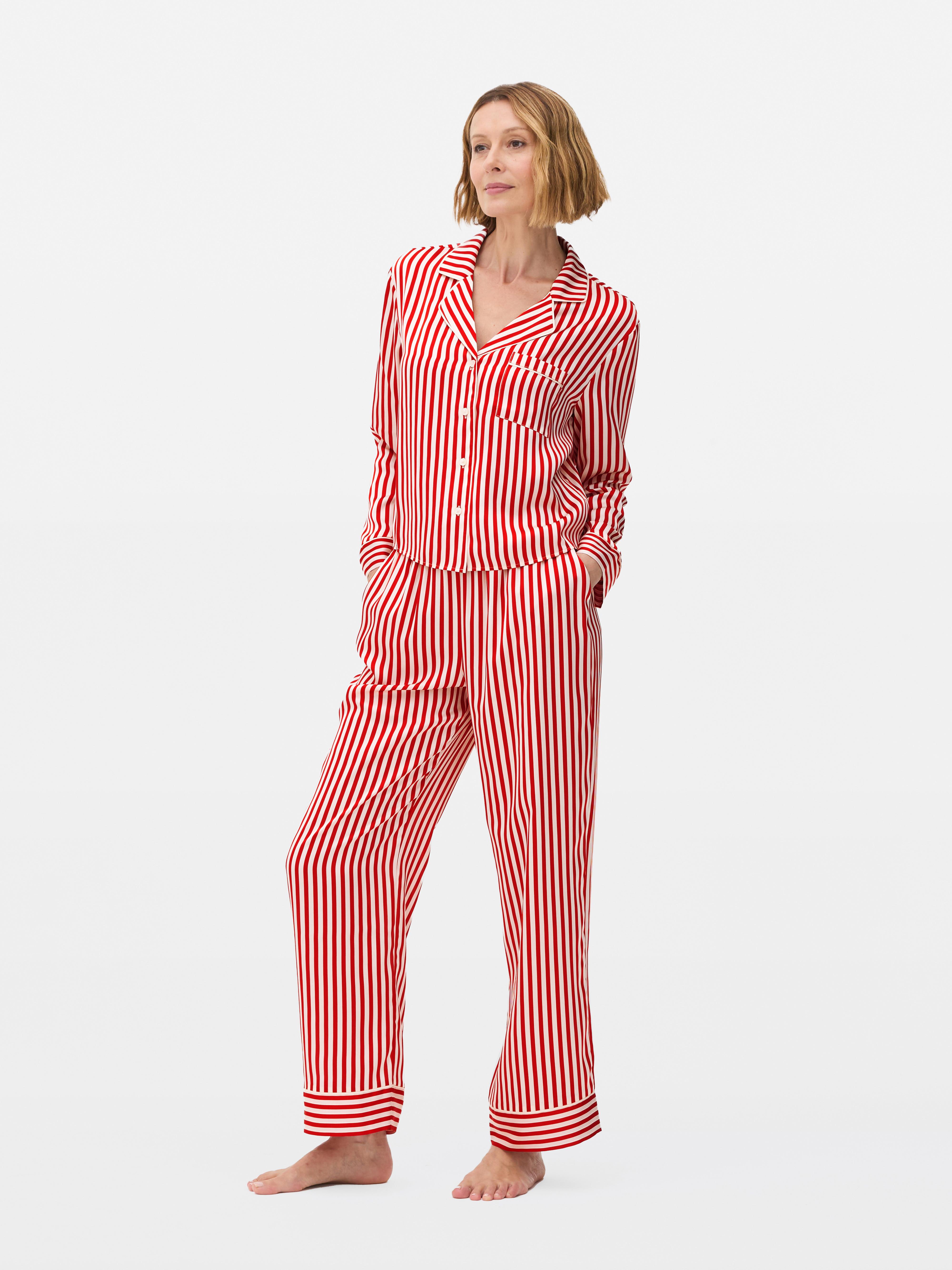 Red and white striped silk pajamas sale