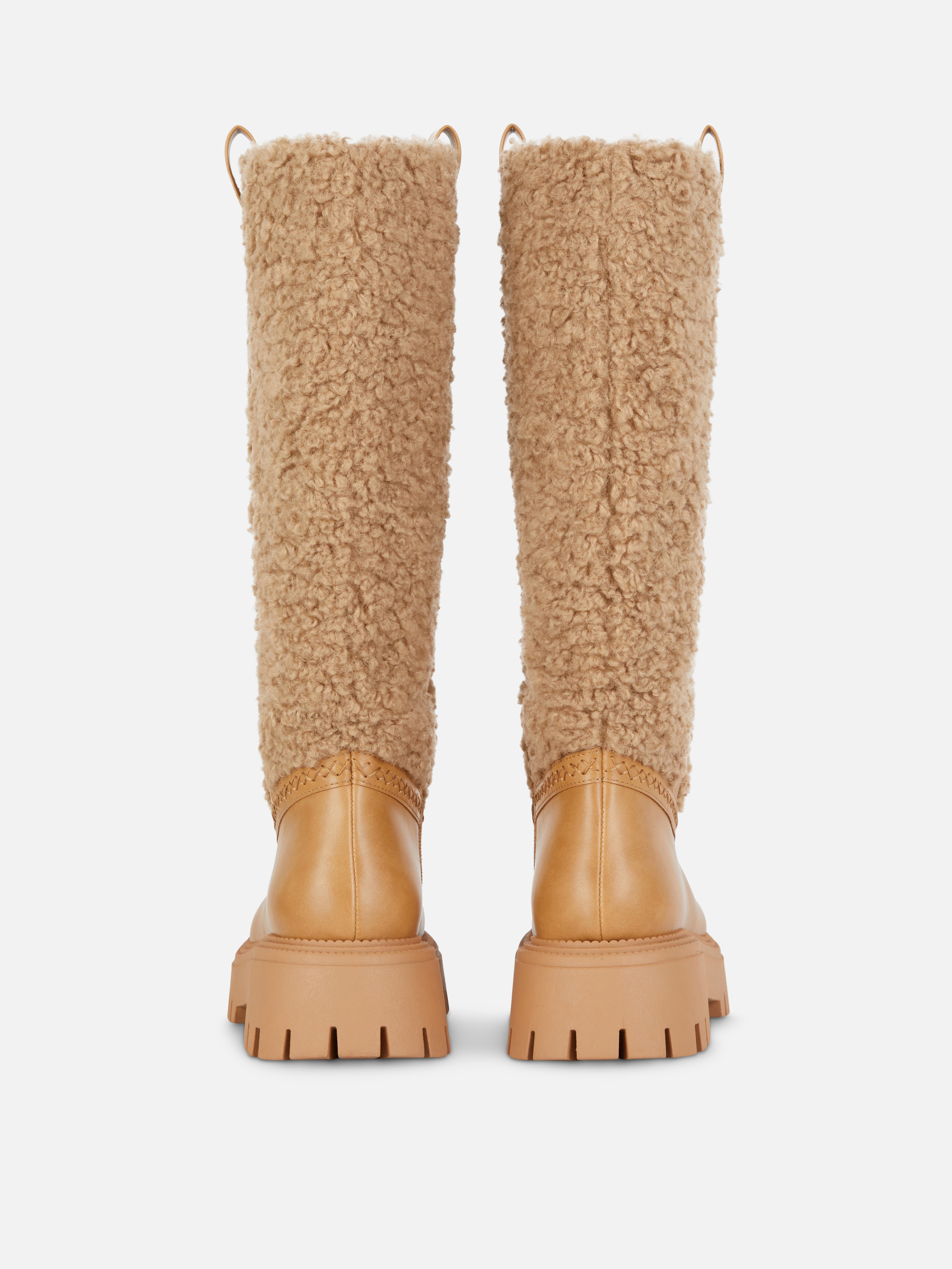 Women's Beige Rita Ora Fleece Knee High Boots Primark