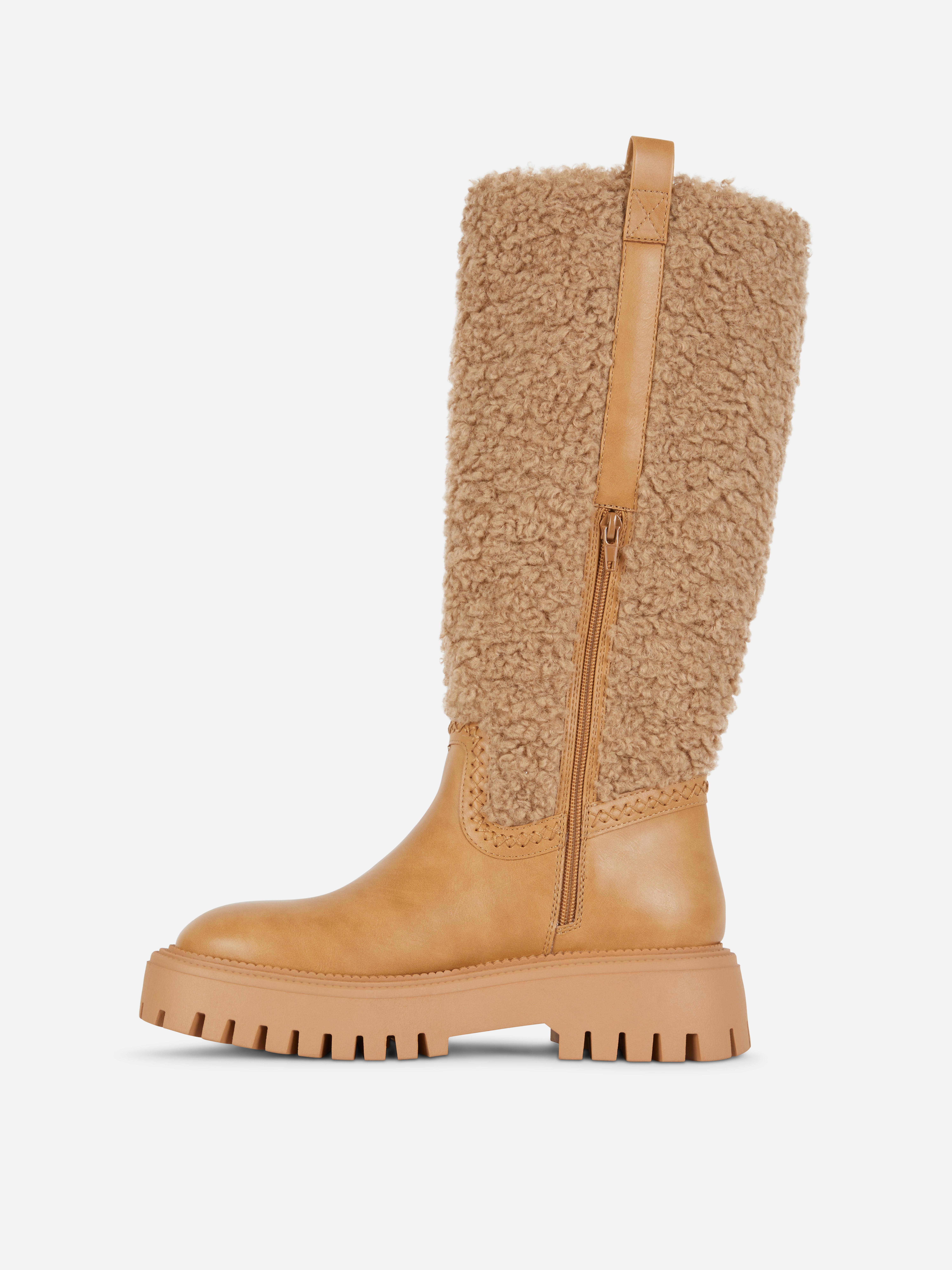 Women's Beige Rita Ora Fleece Knee High Boots Primark