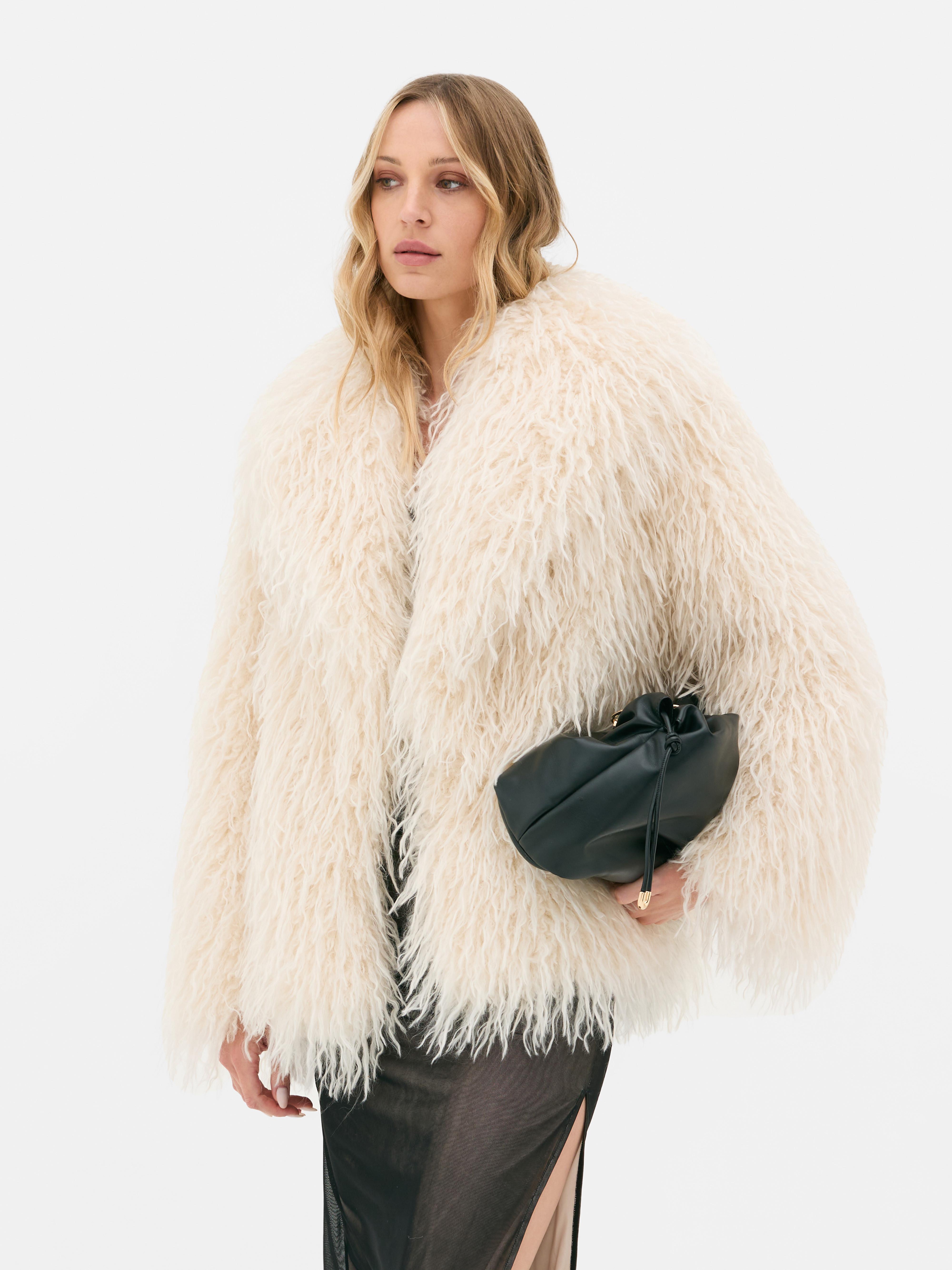 Women s Cream Rita Ora Faux Fur Shaggy Jacket Penneys